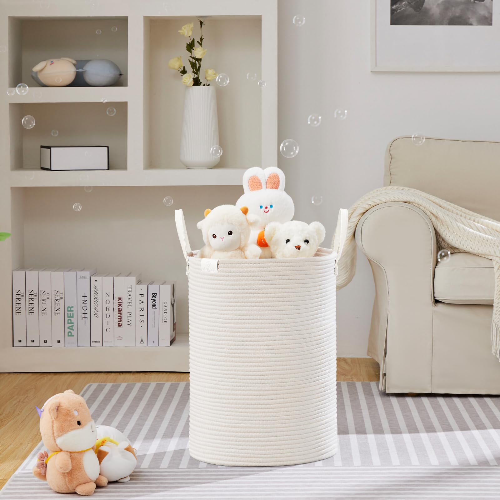 VIPOSCO cotton rope laundry basket in white for organizing blankets and towels.