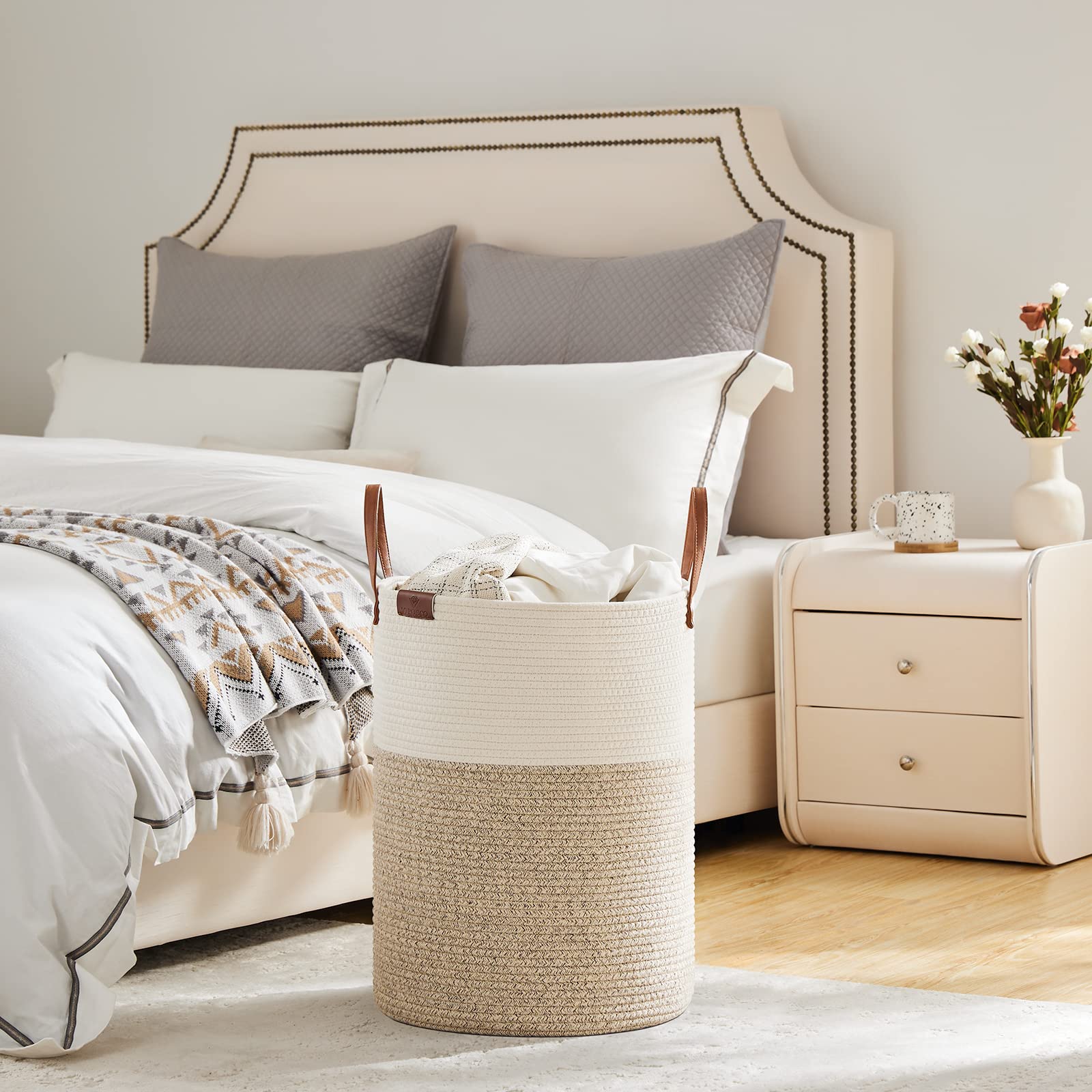 VIPOSCO laundry basket 58L holds dirty clothes neatly in bedroom.