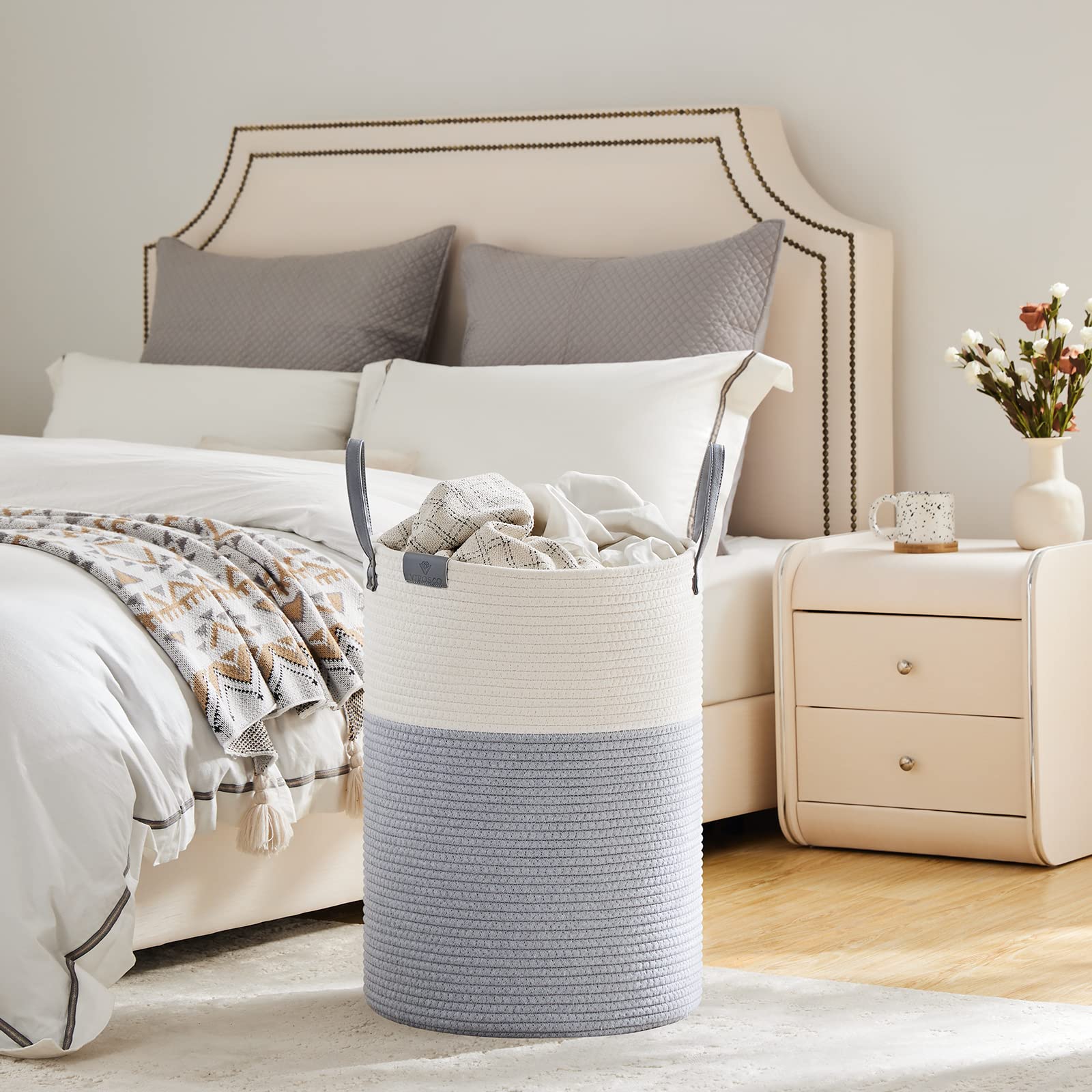 VIPOSCO laundry basket with easy-carrier leather handles in a living room setup