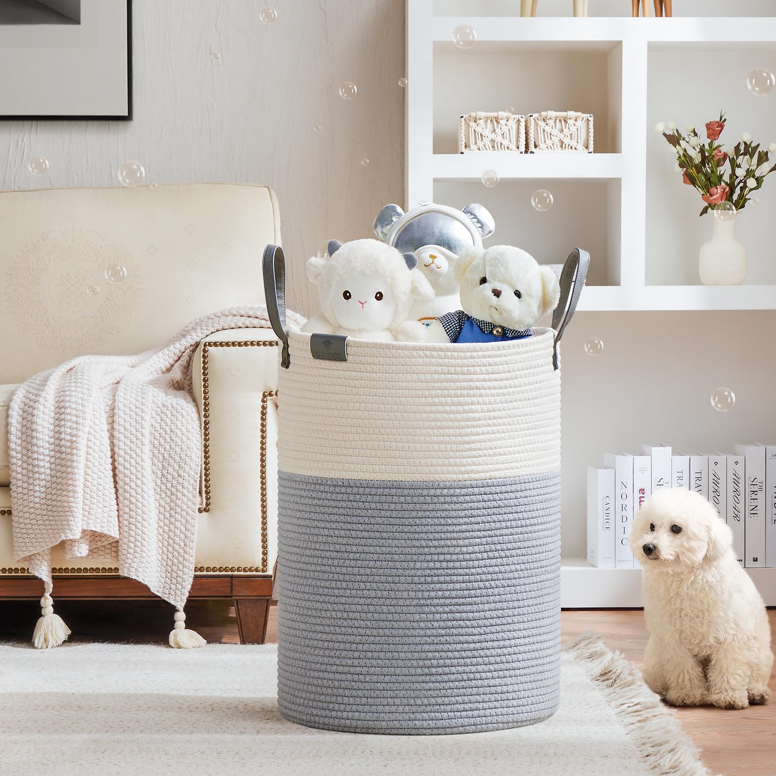 VIPOSCO leather-handle laundry basket closeup highlights durable stitching and comfortable grip.