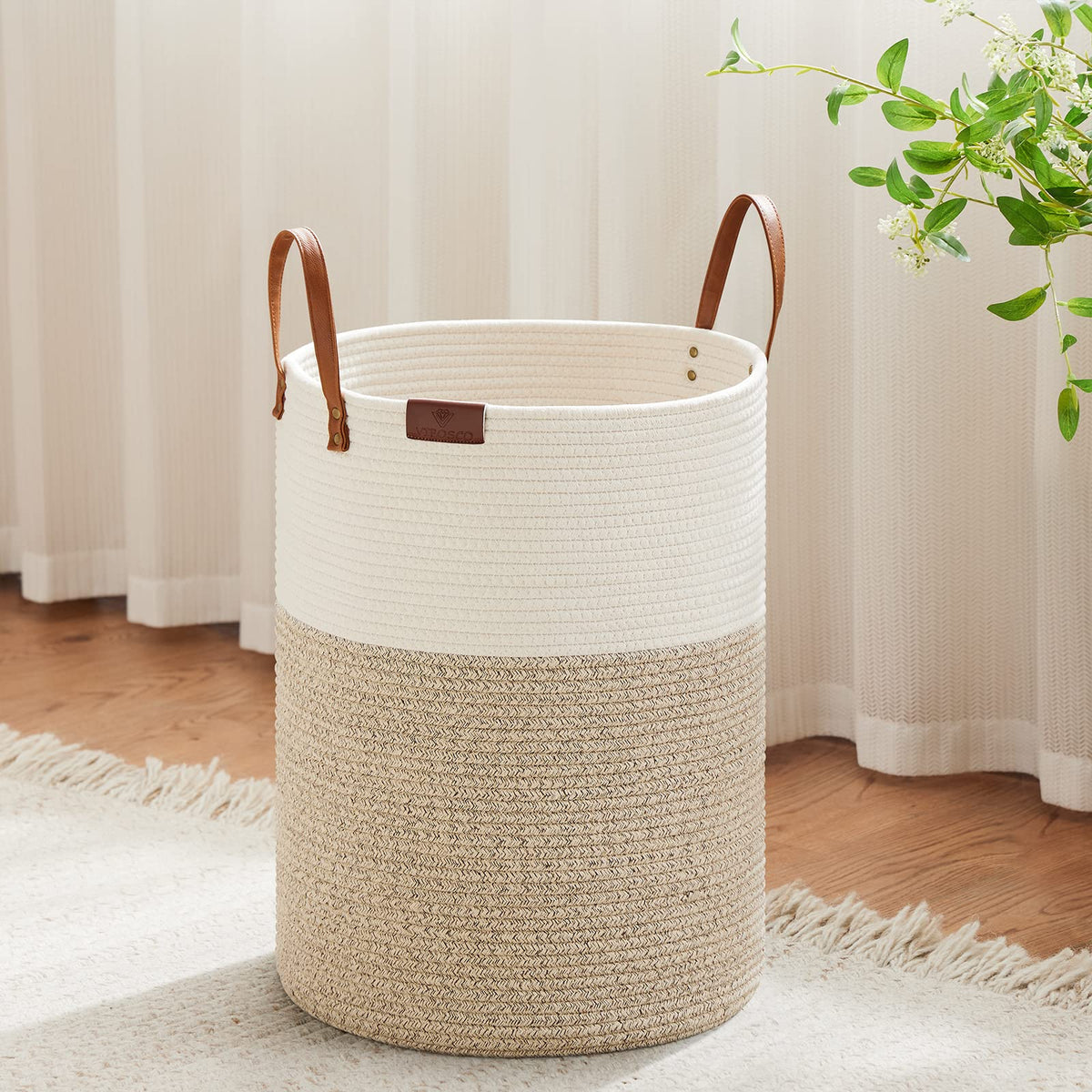 VIPOSCO small laundry basket with leather handle, compact for tight spaces.
