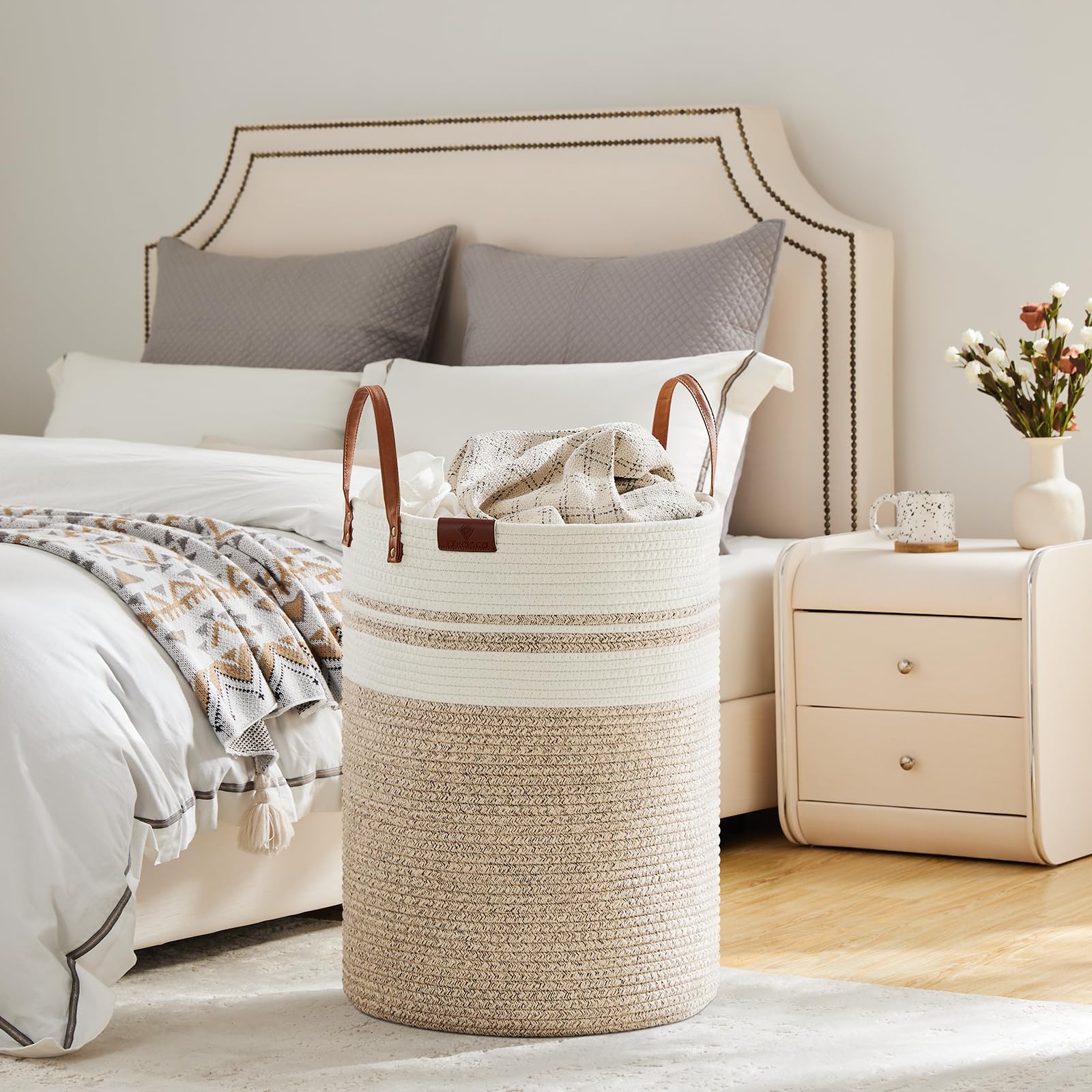 VIPOSCO leather-handle basket for easy transport of laundry and toys.