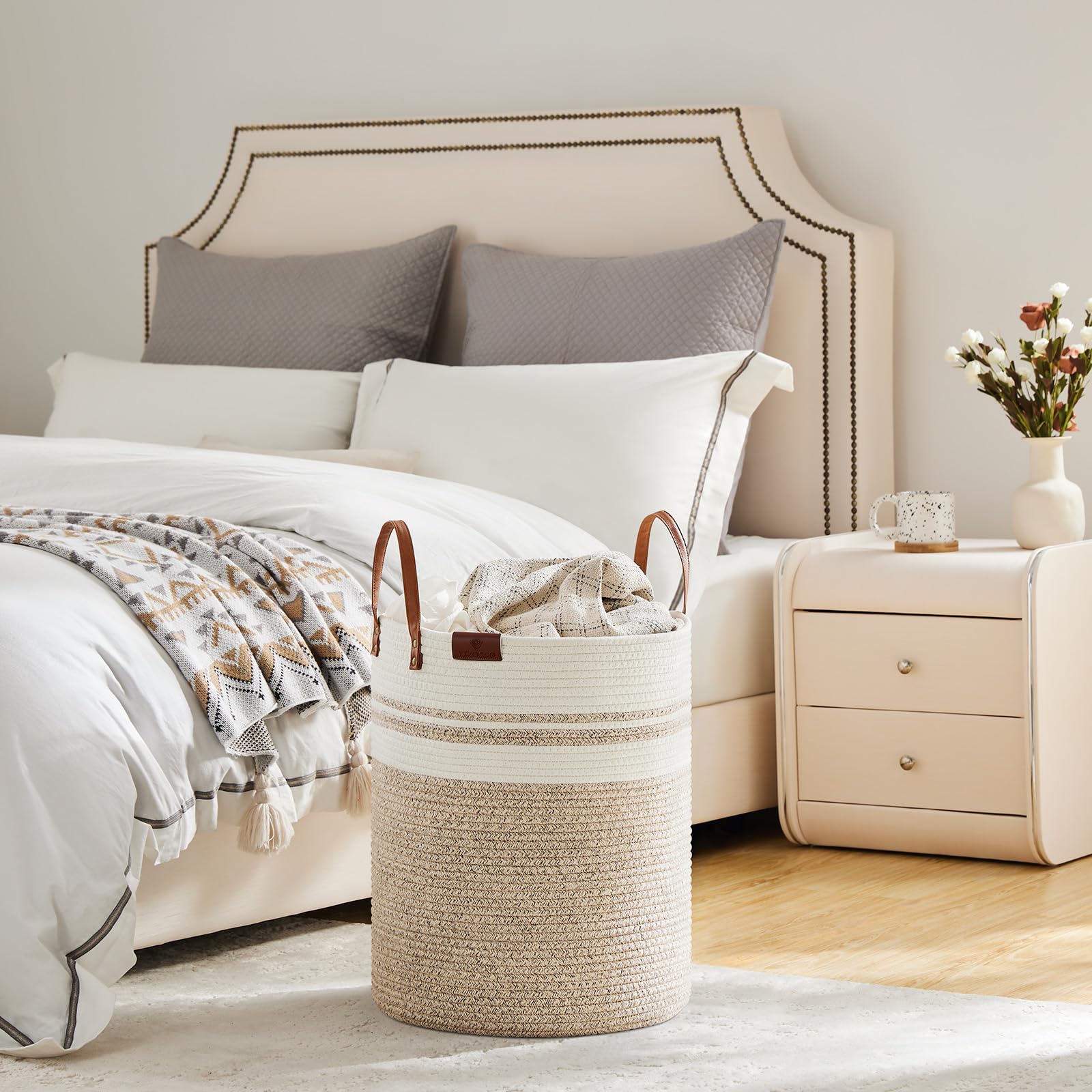 VIPOSCO tall laundry basket filled with blankets demonstrates cozy storage and clutter reduction