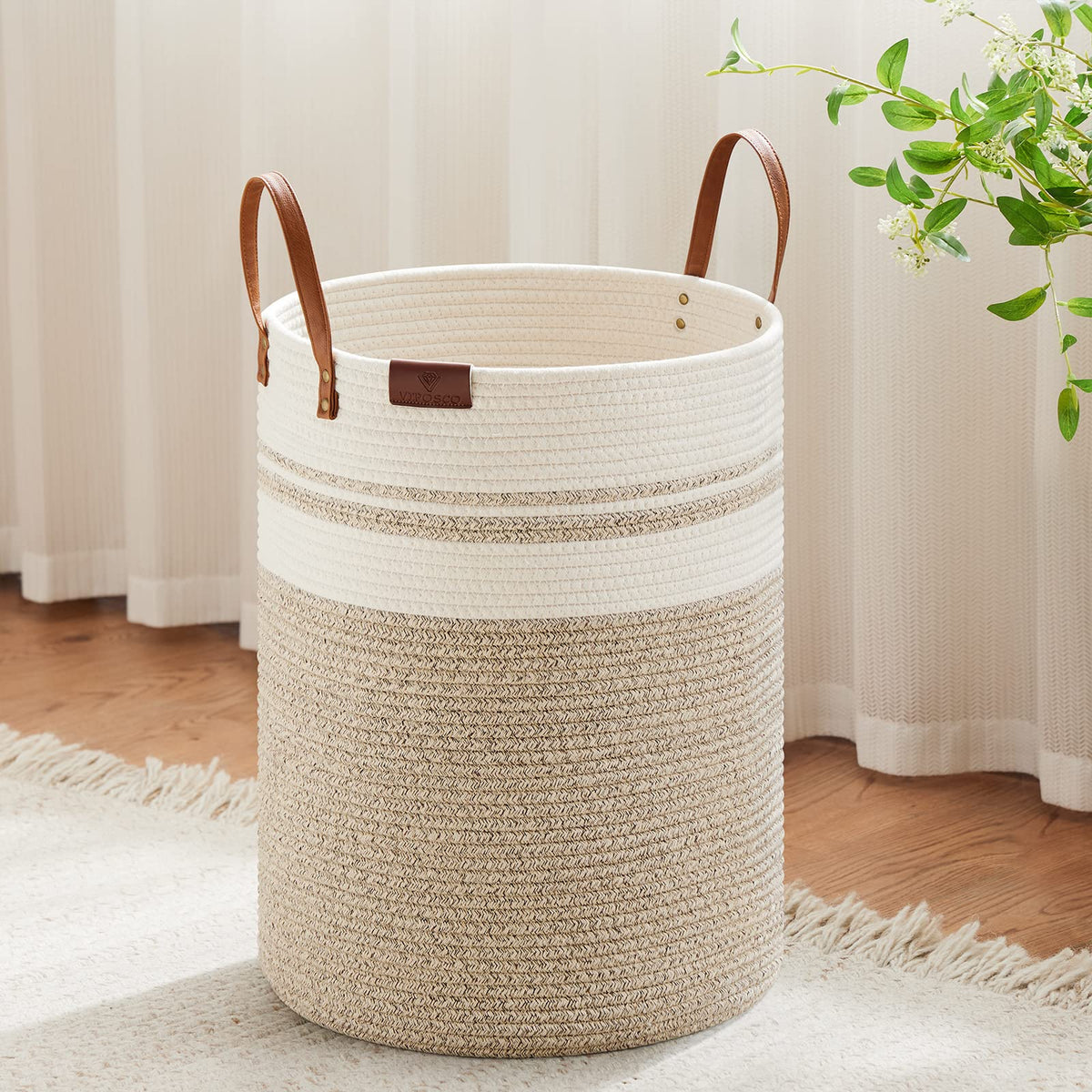 VIPOSCO tall laundry basket with leather handle for easy transport