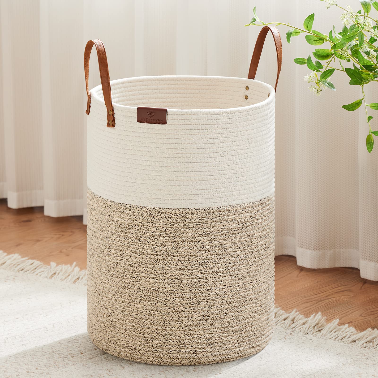 VIPOSCO tall laundry basket with leather handle for easy transport
