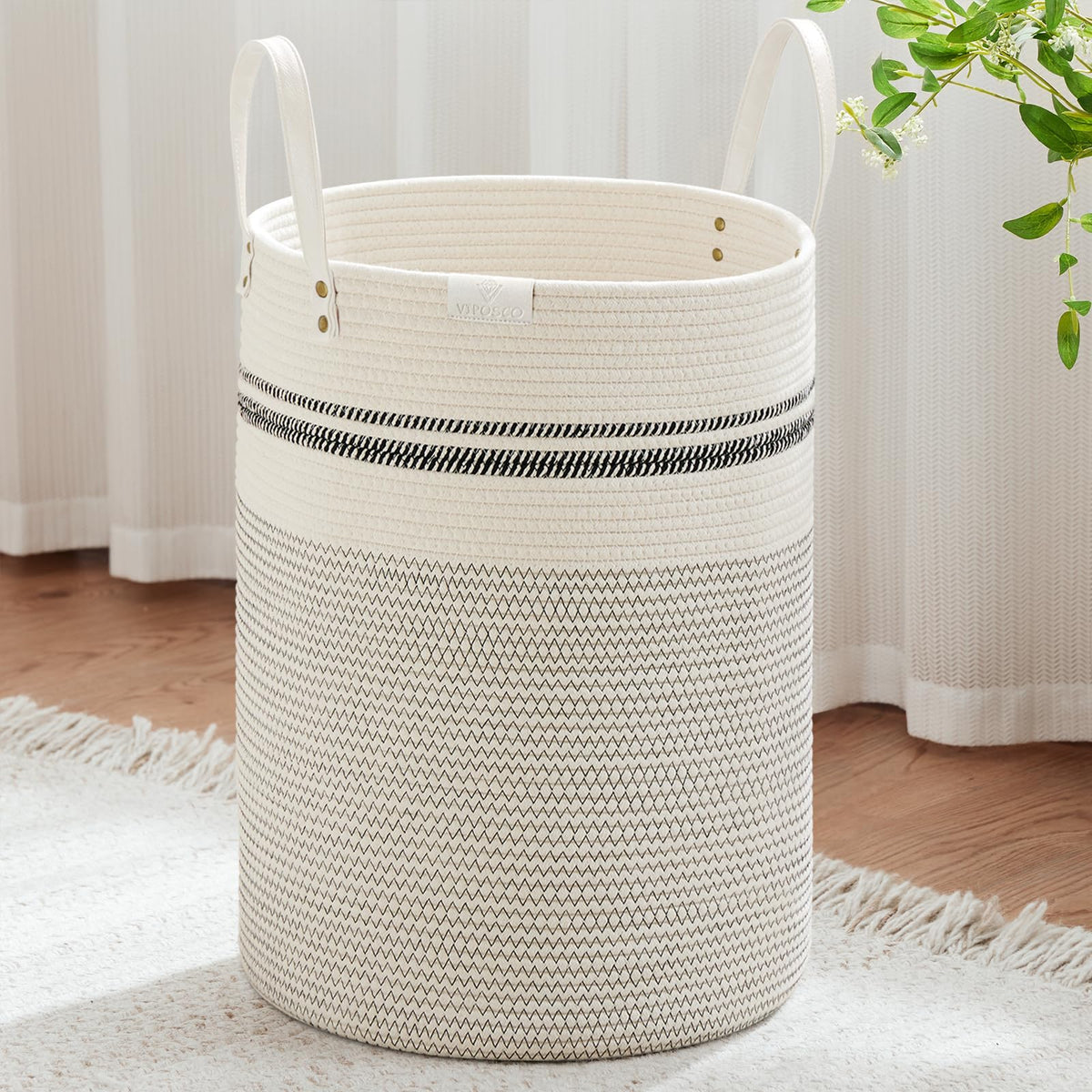 VIPOSCO tall laundry basket leather-handled close-up showing comfortable grip and strong stitching