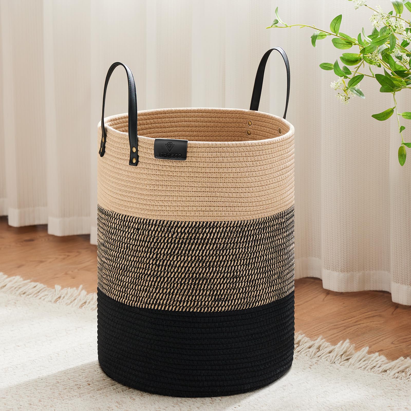 VIPOSCO tall laundry basket with leather handle for easy transport around the home