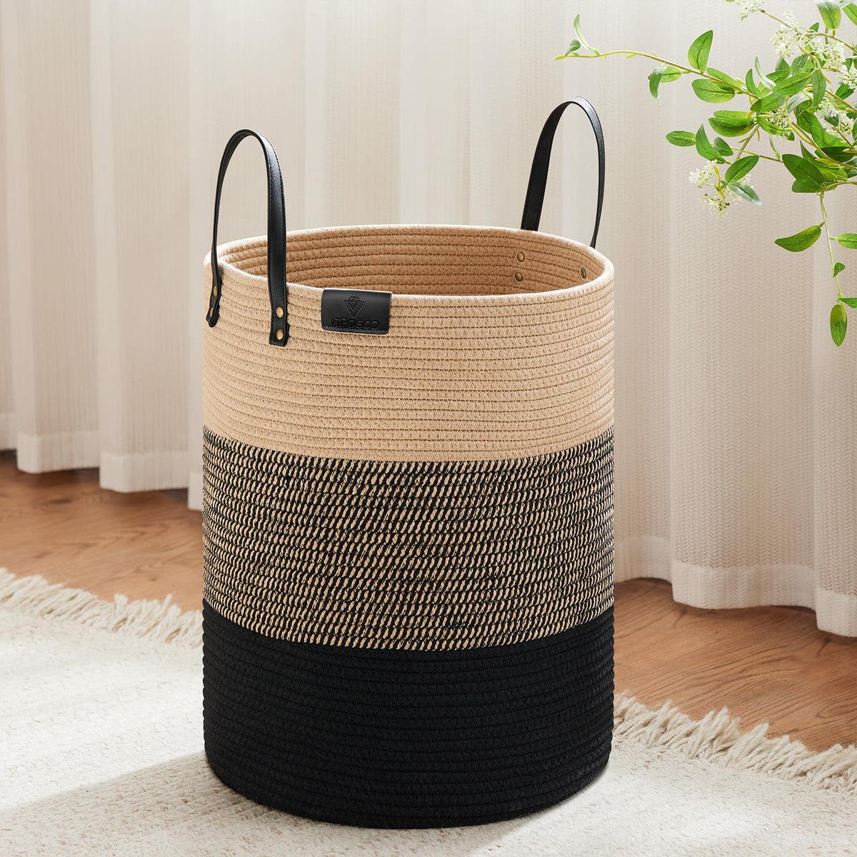 VIPOSCO tall laundry basket with leather handle for easy transport around the home