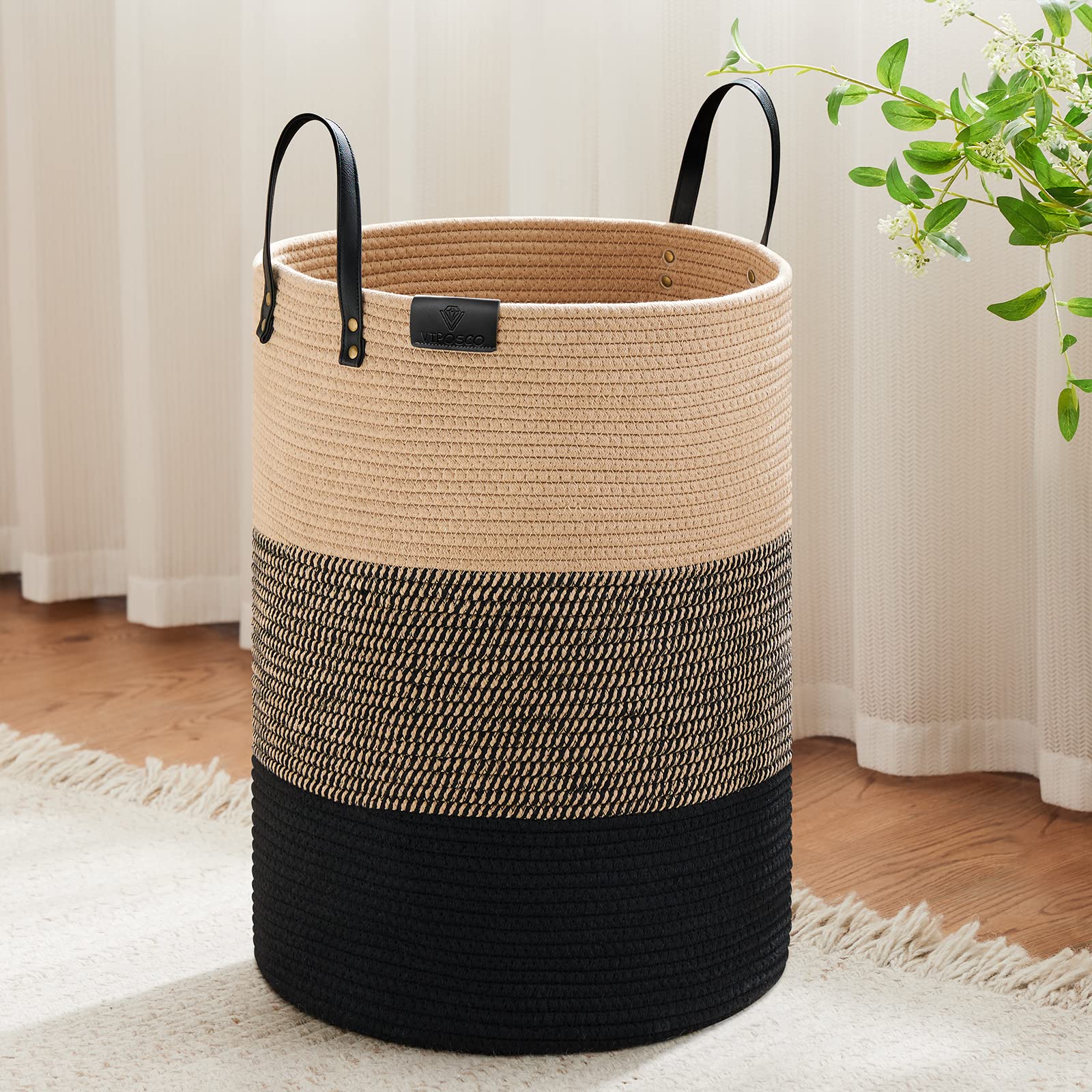 VIPOSCO tall laundry basket with leather handle, easy transport for laundry day
