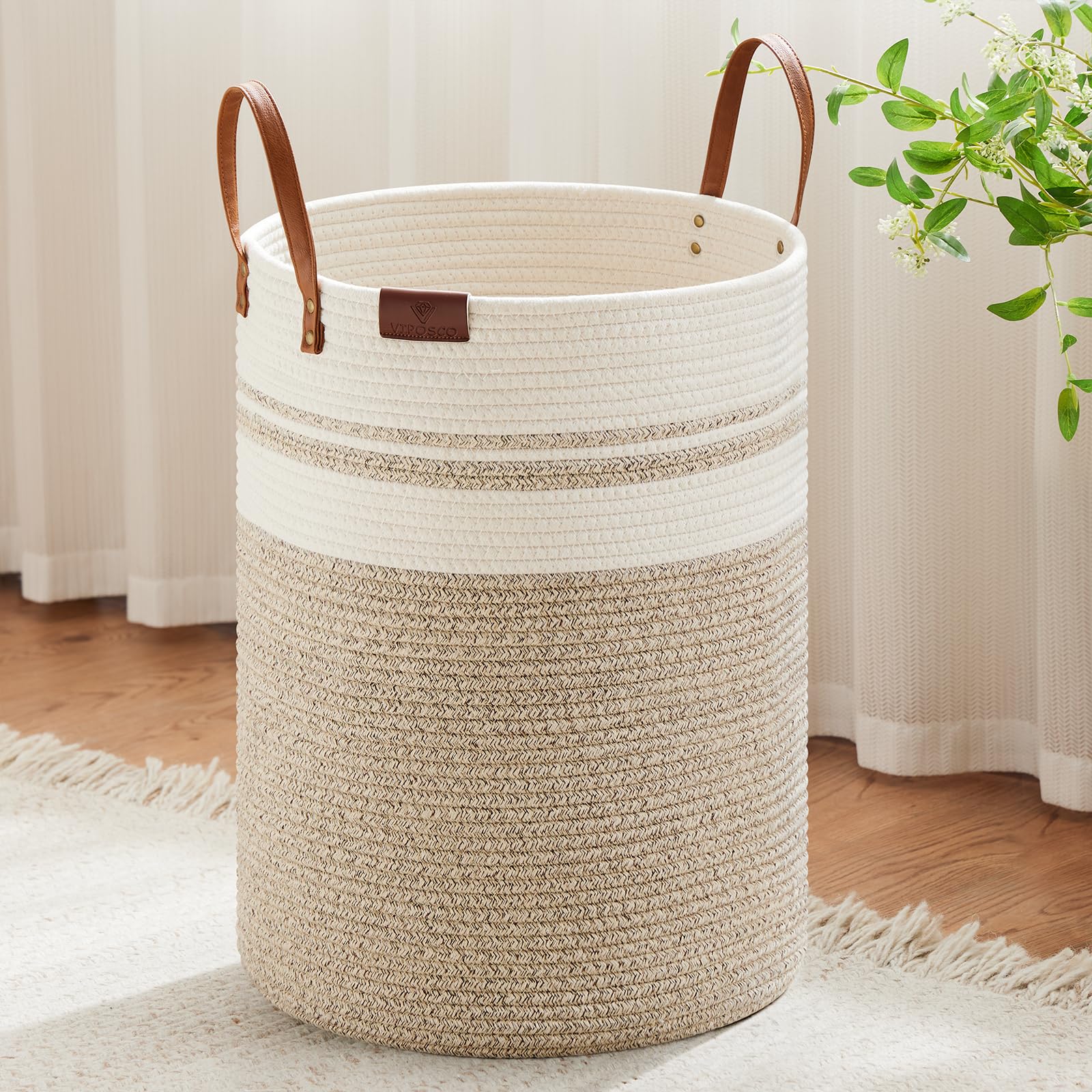 VIPOSCO tall laundry basket with leather handle offers sturdy laundry storage.