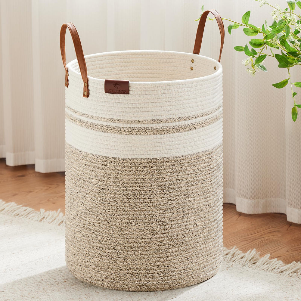 VIPOSCO tall laundry basket with leather handle offers sturdy laundry storage.