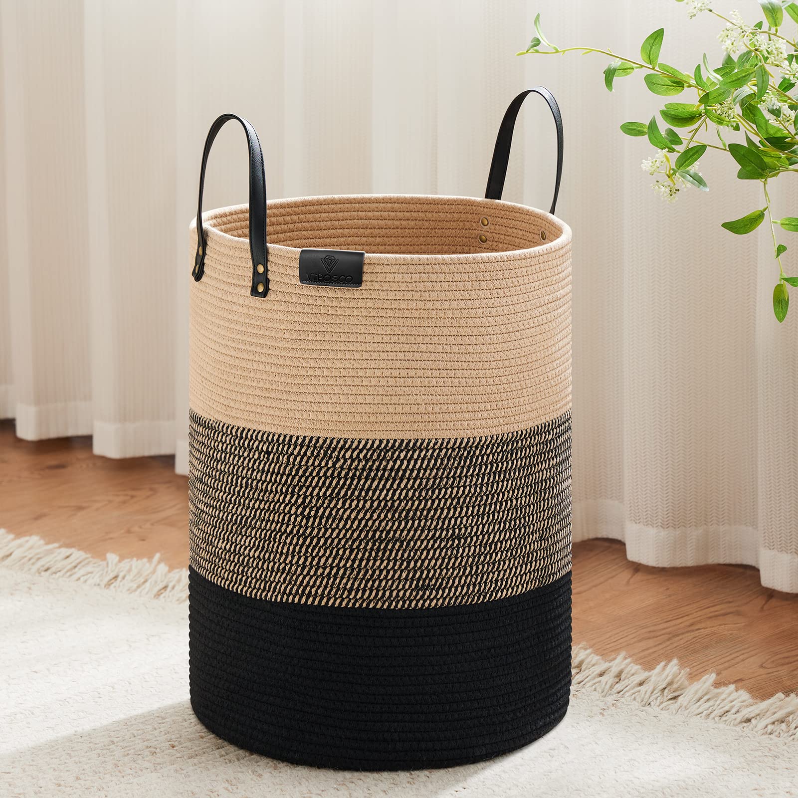 VIPOSCO tall laundry basket with leather handle, sturdy weave for easy laundry transport