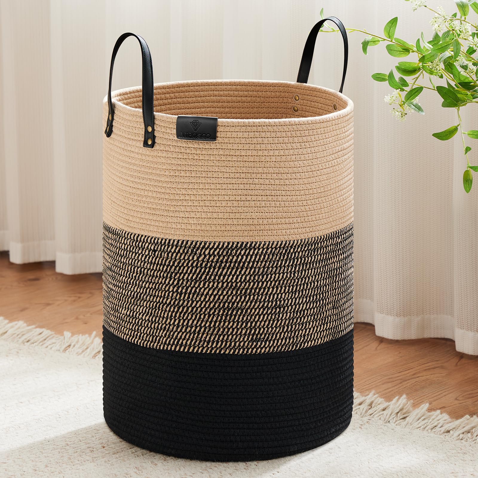 VIPOSCO tall laundry basket with leather handles for easy transport