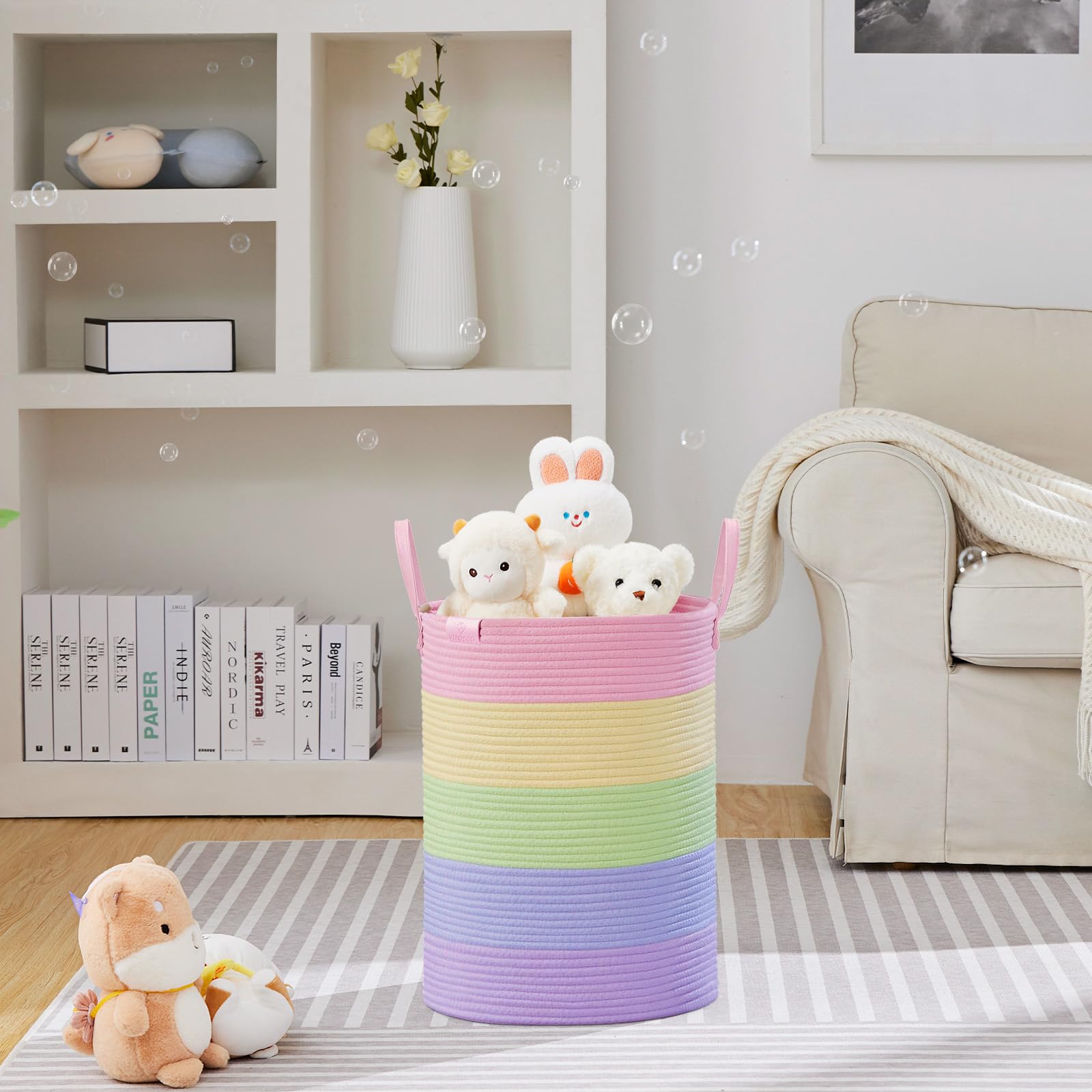 VIPOSCO tall laundry basket rainbow side view emphasizes roomy interior for blankets.