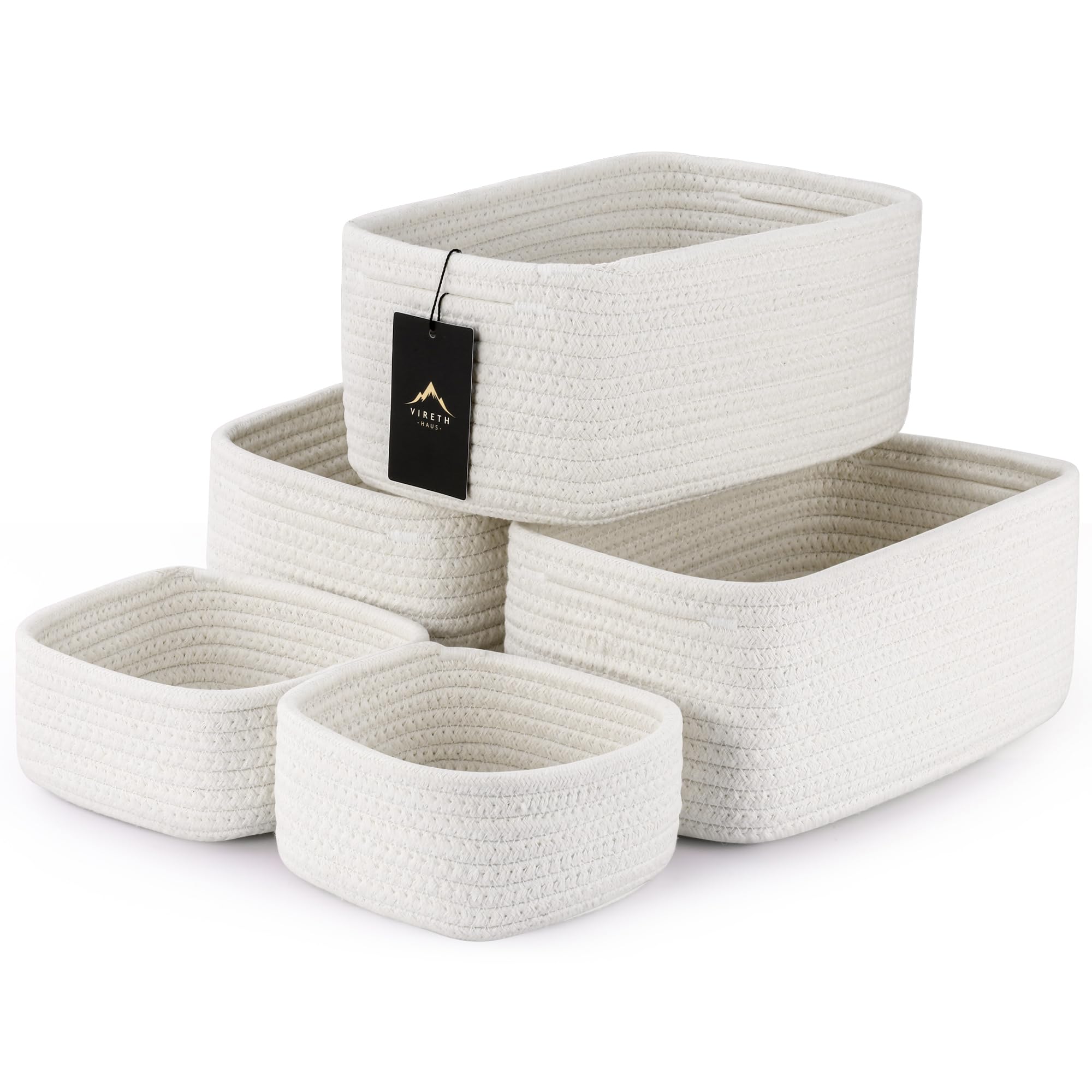 VIRETH HAUS 5-Pack small woven rope baskets in cream on shelf offer quick closet organization.