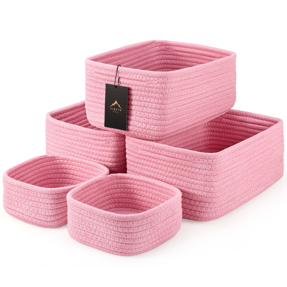 VIRETH HAUS 5-pack small woven rope baskets in cream organize nursery toys and diapers.