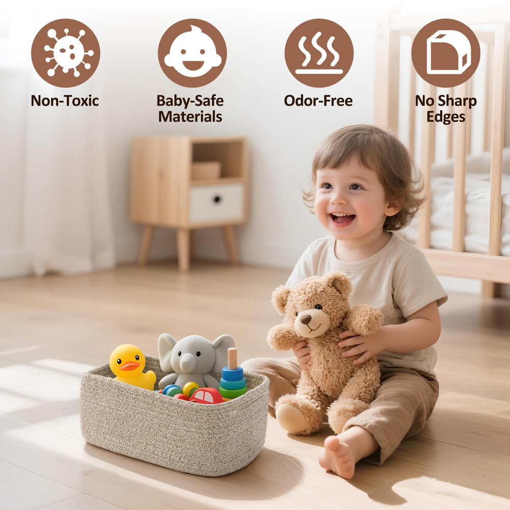 VIRETH HAUS toys and cables neatly stored in small baskets on a desk or shelf.