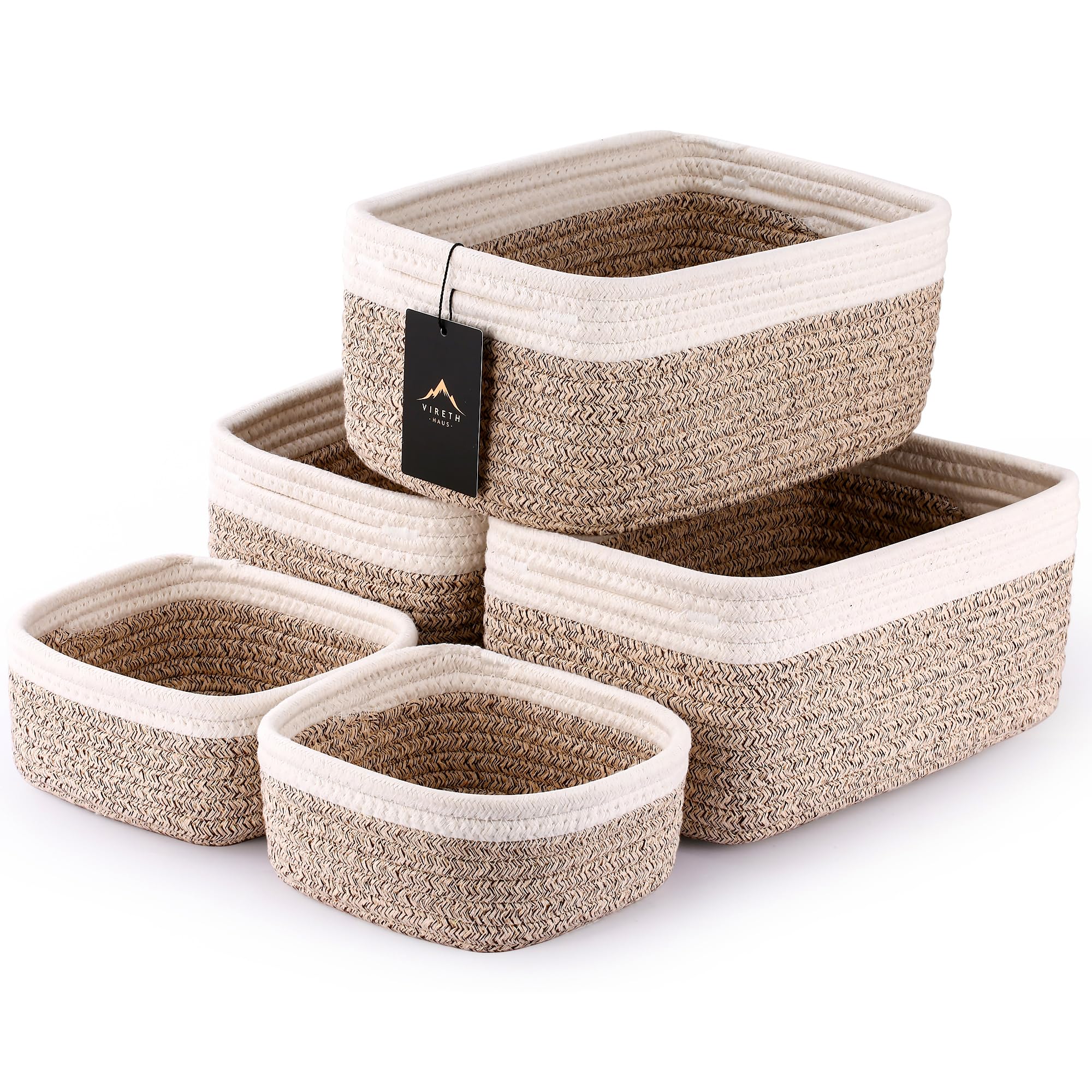 VIRETH HAUS small woven rope baskets collection on a shelf for neat organization