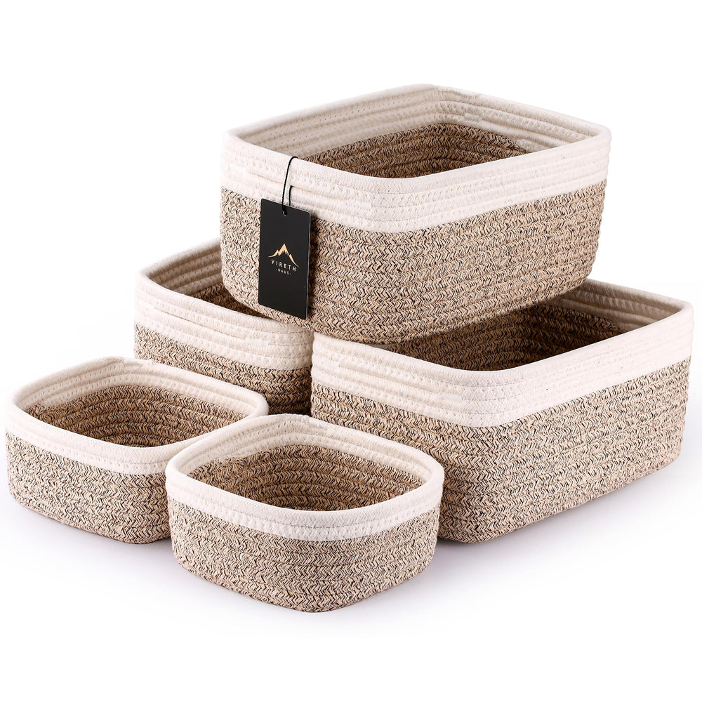 VIRETH HAUS small woven rope baskets collection on a shelf for neat organization