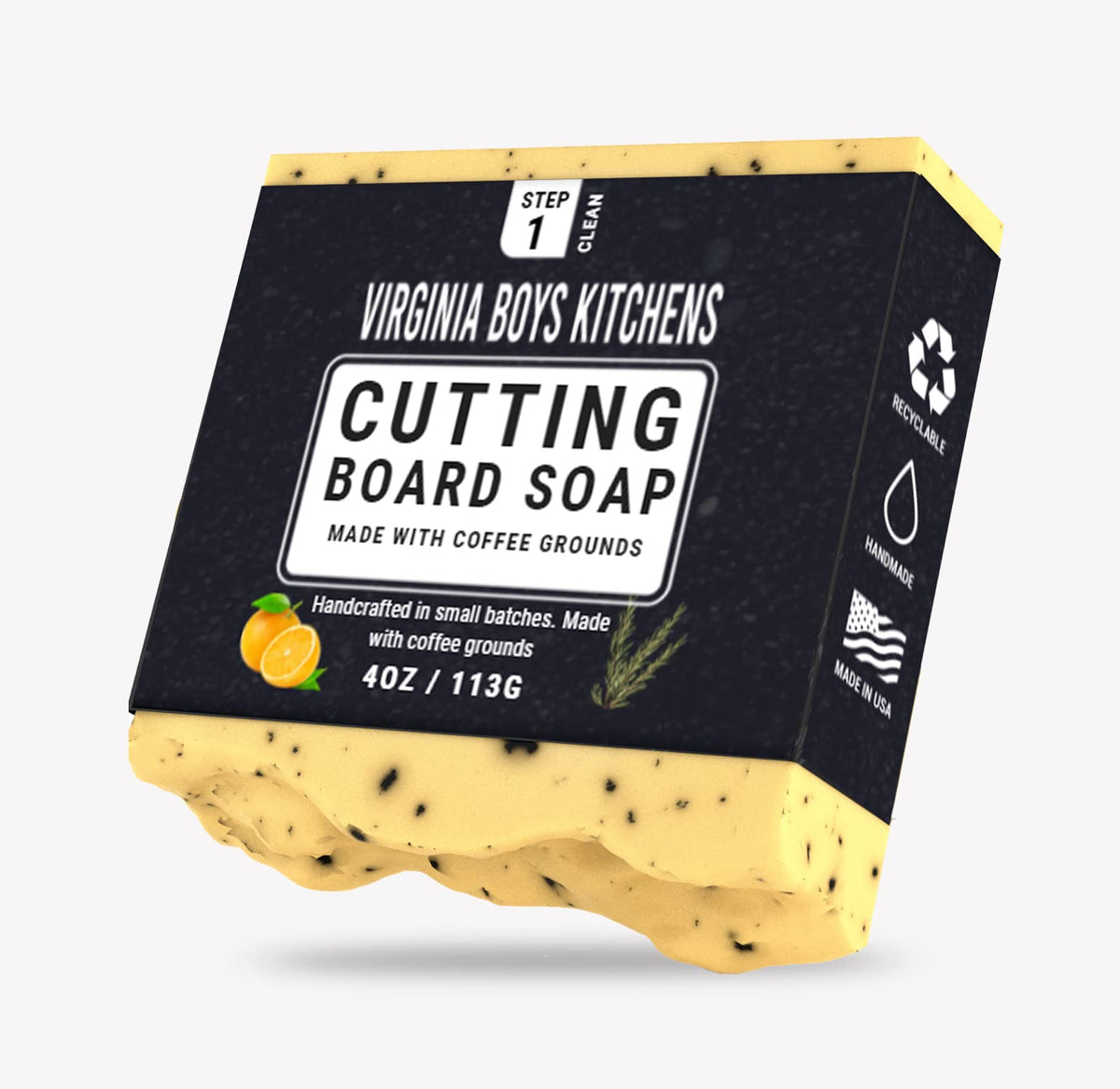 Virginia Boys Kitchens cutting board soap bar closeup highlighting natural oils for board care.