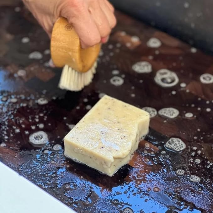 Virginia Boys Kitchens cutting board soap on butcher block shot demonstrating board maintenance.