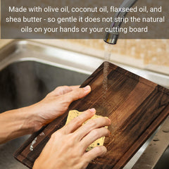 Virginia Boys Kitchens cutting board soap with coffee scrub closeup for deeper clean without scratching.