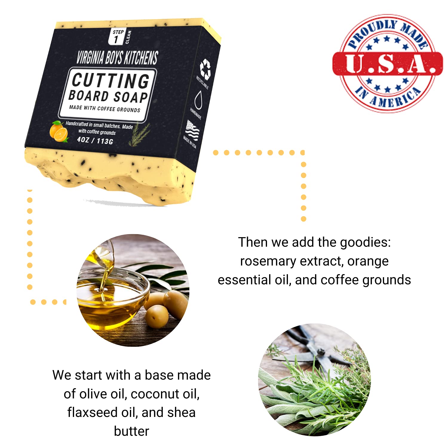 Virginia Boys Kitchens cutting board soap ingredients closeup featuring olive and coconut oils for gentle cleansing.