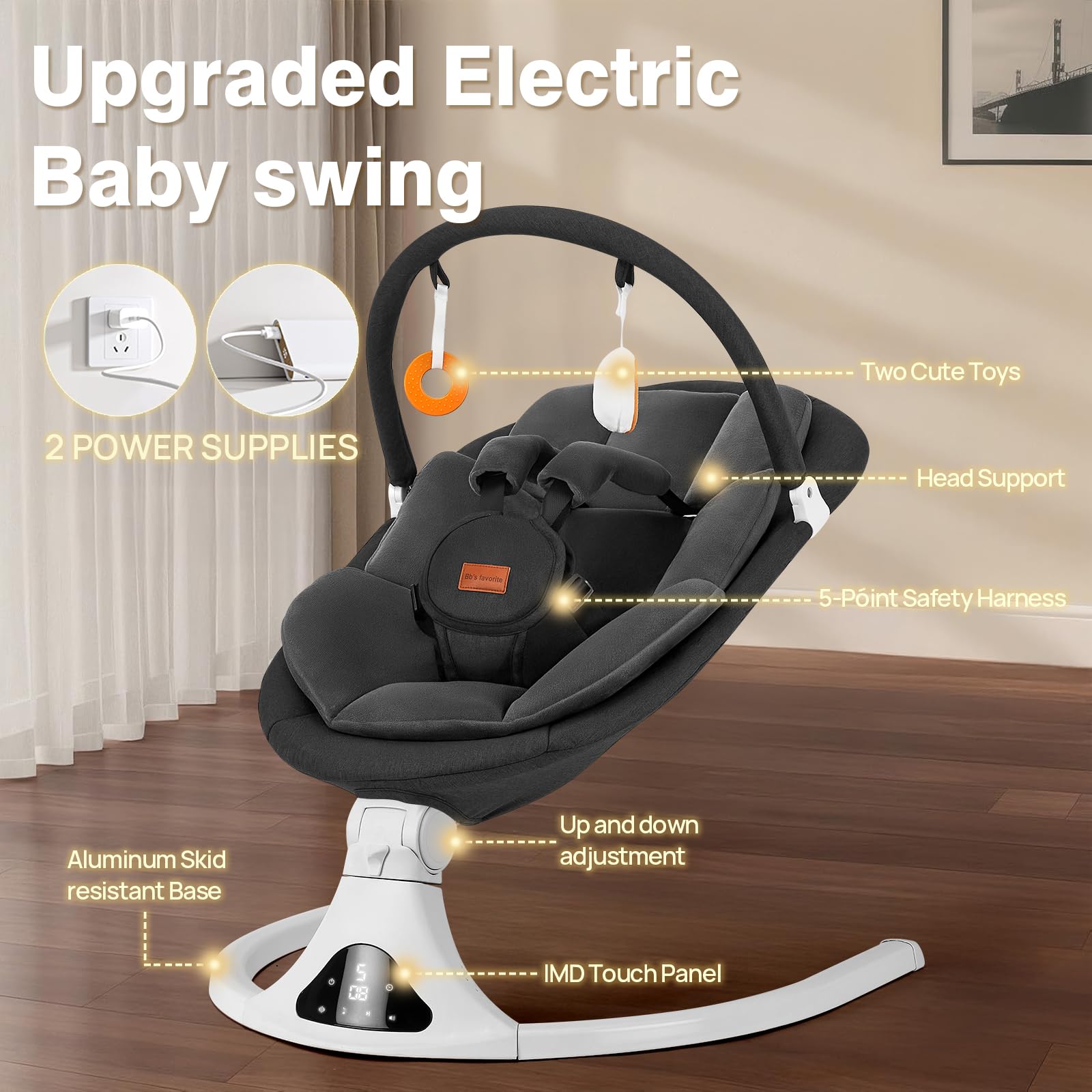 Viriwebaby baby swing seat-removable highlights machine-washable padding for quick, hygienic cleanup.