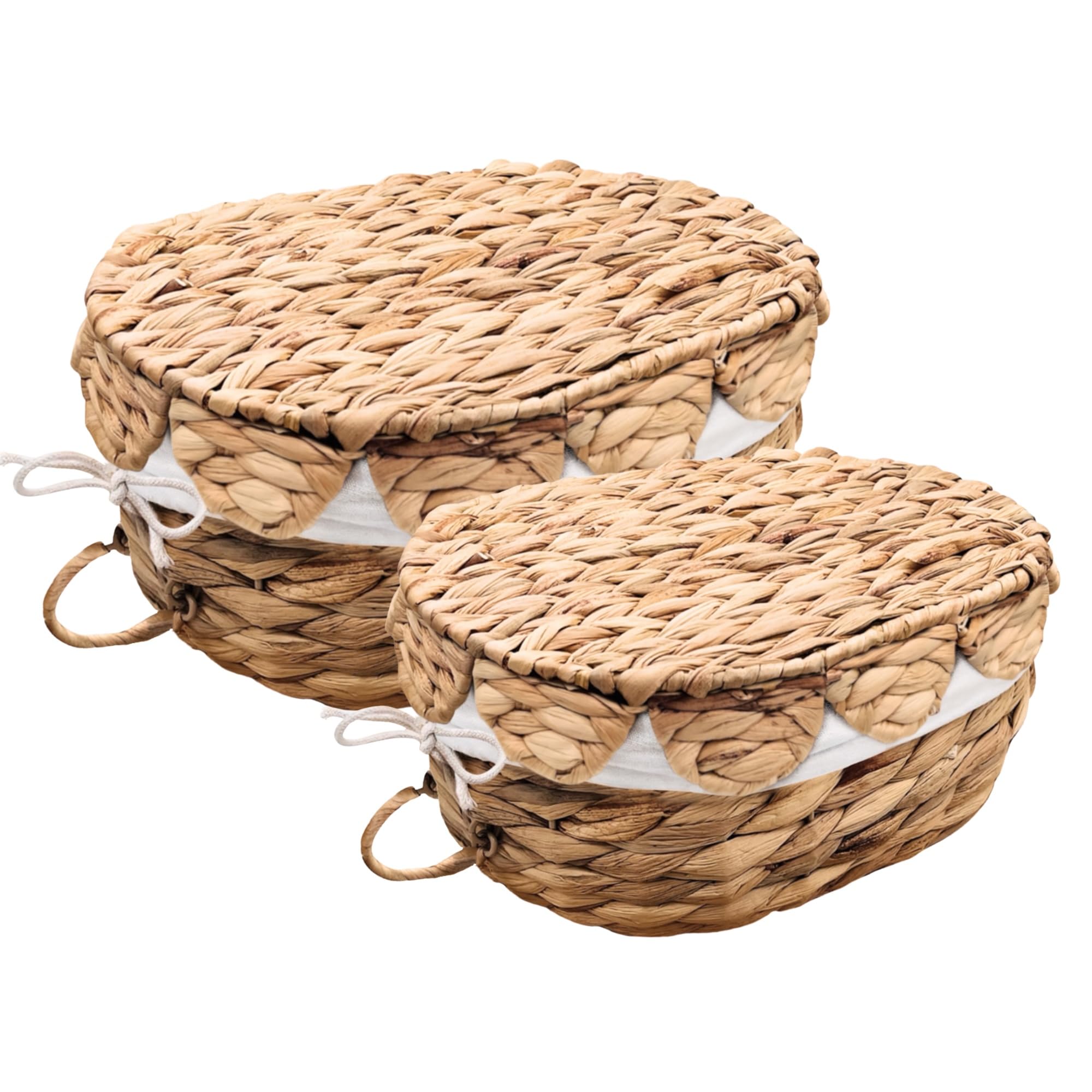 VIROVA round wicker baskets with scalloped lids, large size for stylish pantry organization.