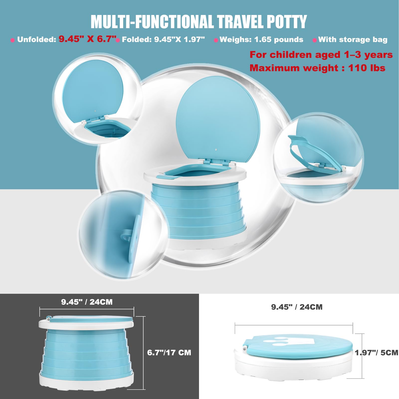 VISATOR portable potty folded compact shows space saving design for travel