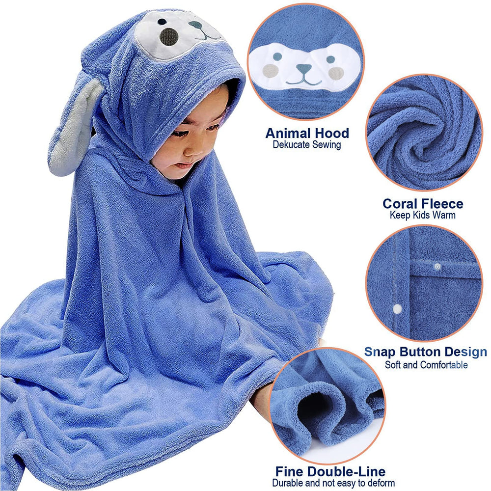 Visen hooded towel kids navy hood face detail emphasizes playful design for bath time.