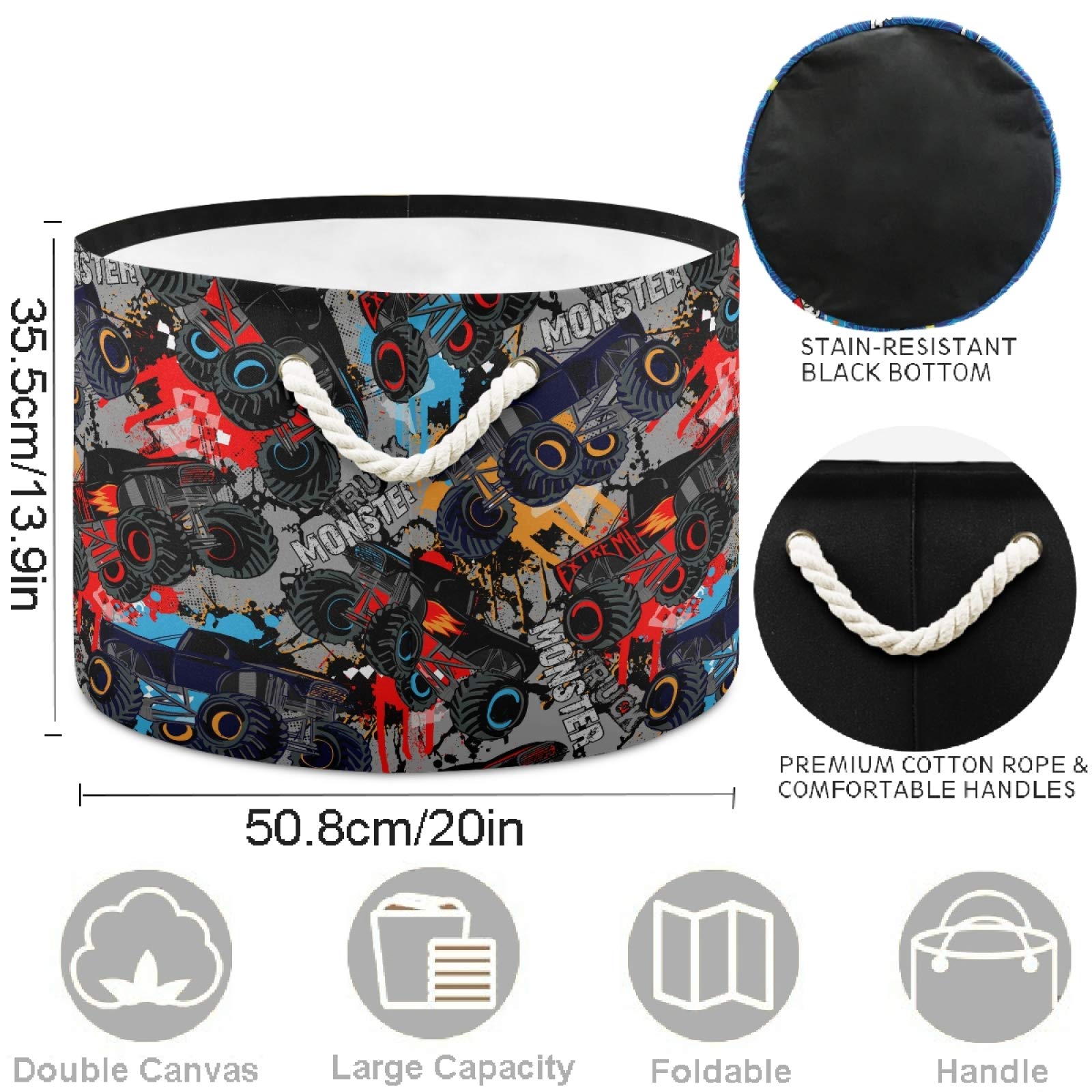Visesunny Monster Truck pattern laundry basket collapsed for travel and storage