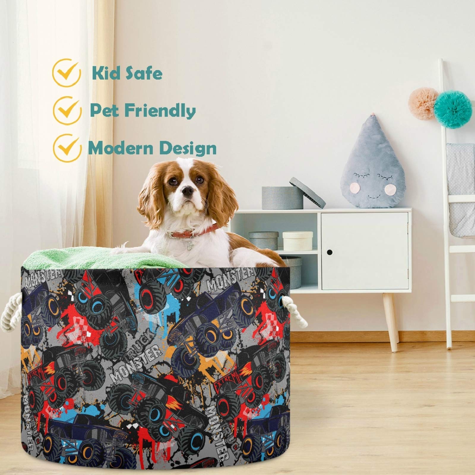 Visesunny Monster Truck pattern laundry basket flat lay highlights collapsibility
