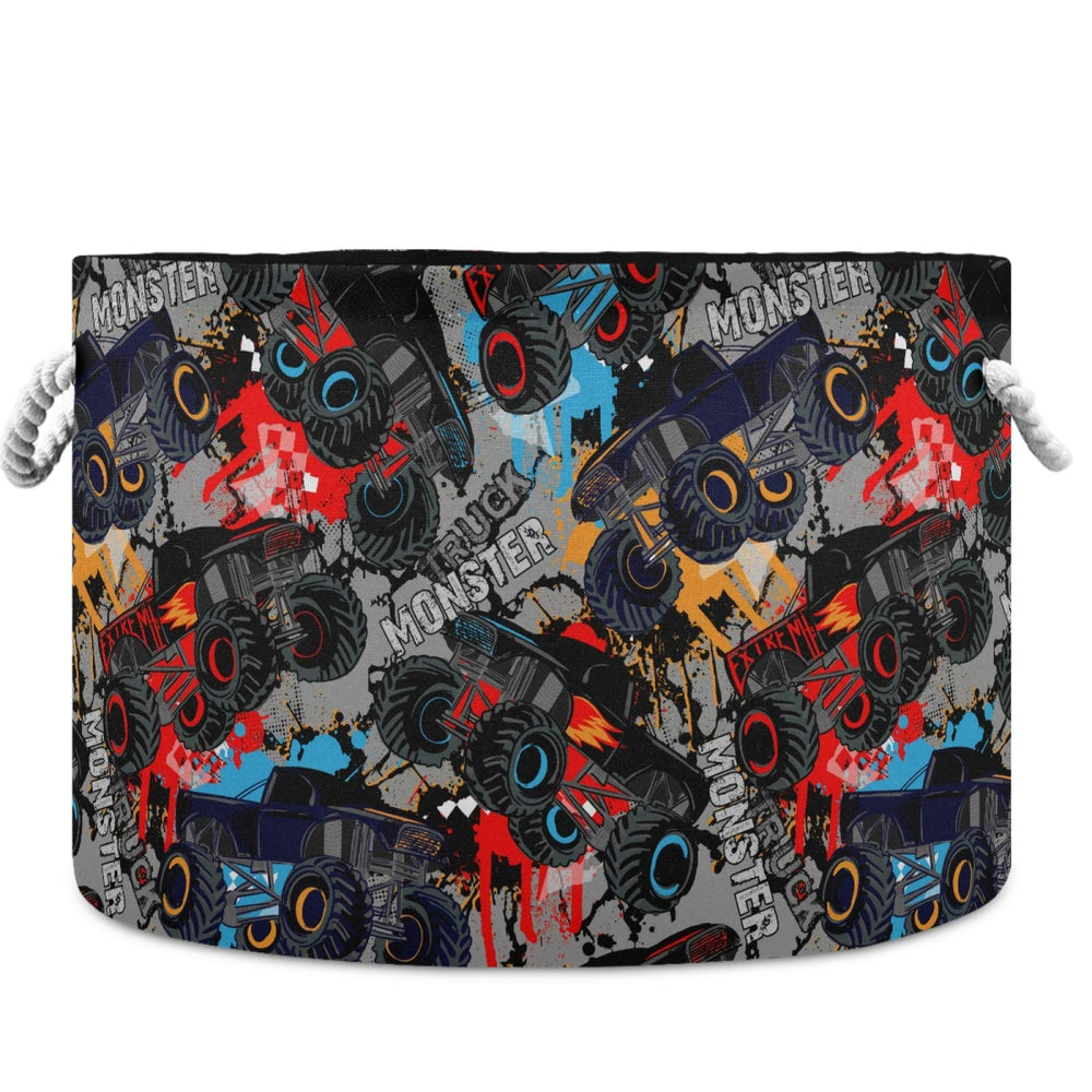 Visesunny Monster Truck pattern laundry basket front view shows roomy storage