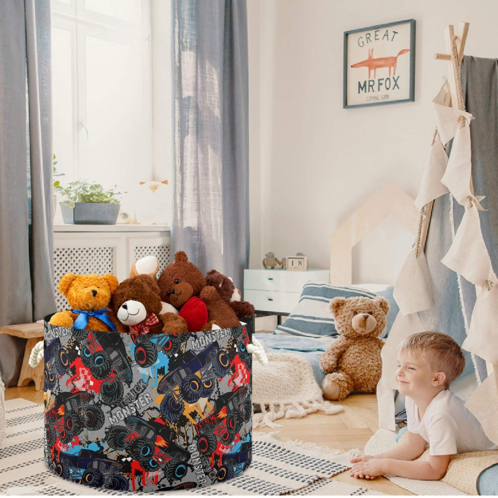 Visesunny Monster Truck pattern laundry basket side view with reinforced handles
