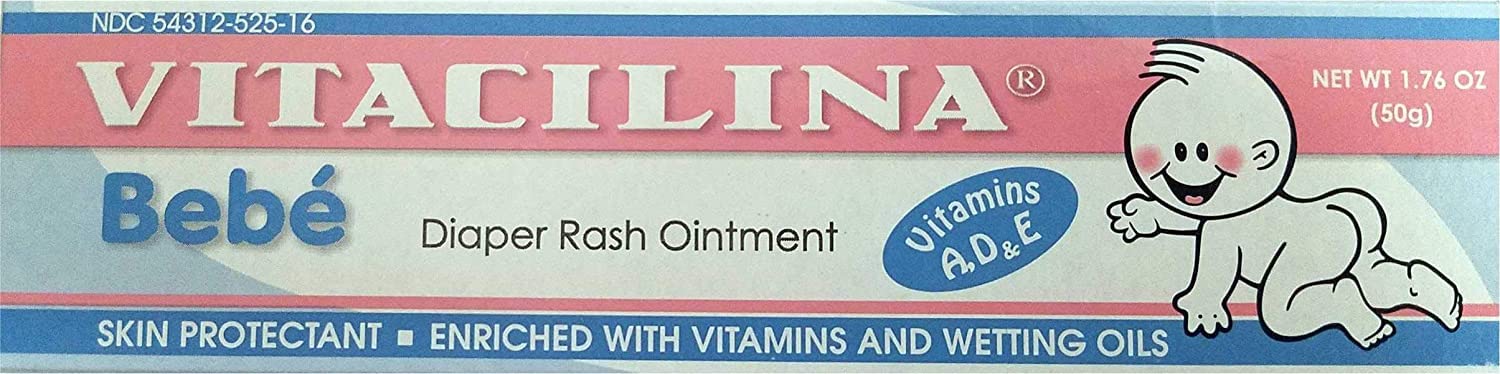 Vitacilina Bebe diaper rash ointment packaging display for convenient skincare routine.