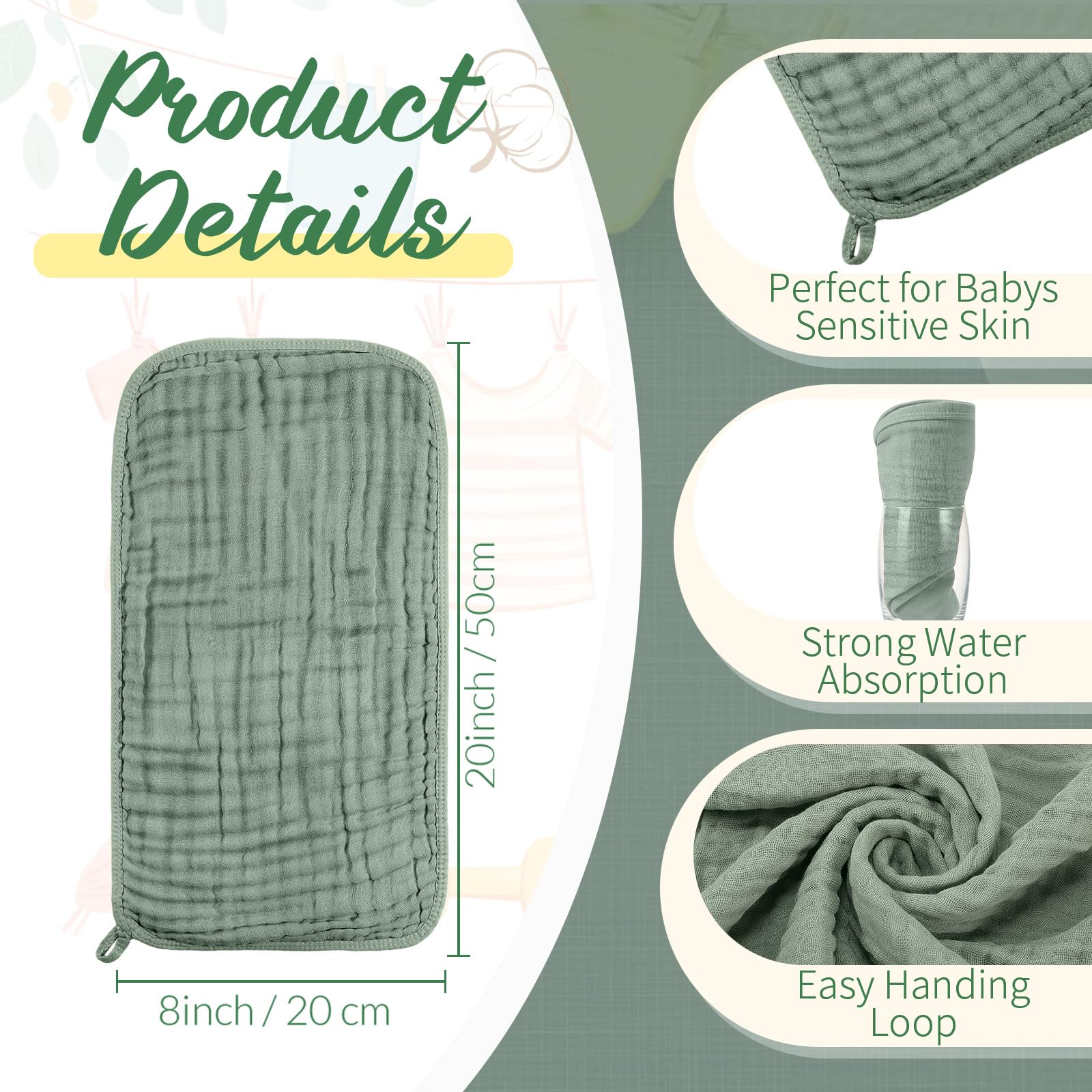 VitalCozy washcloth 8x20 green for quick moisture absorption