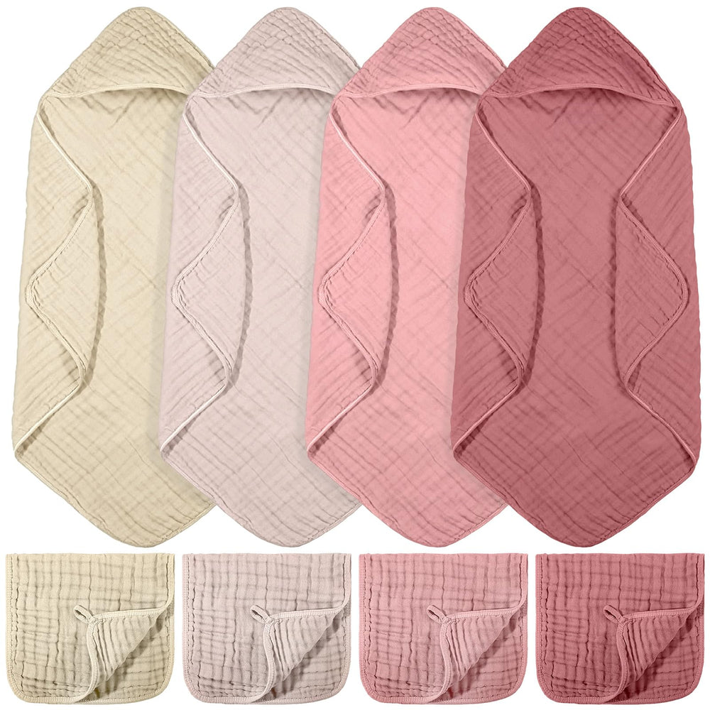 VitalCozy 8pcs baby muslin hooded towels pack shows plush multi-color towels for gentle drying.