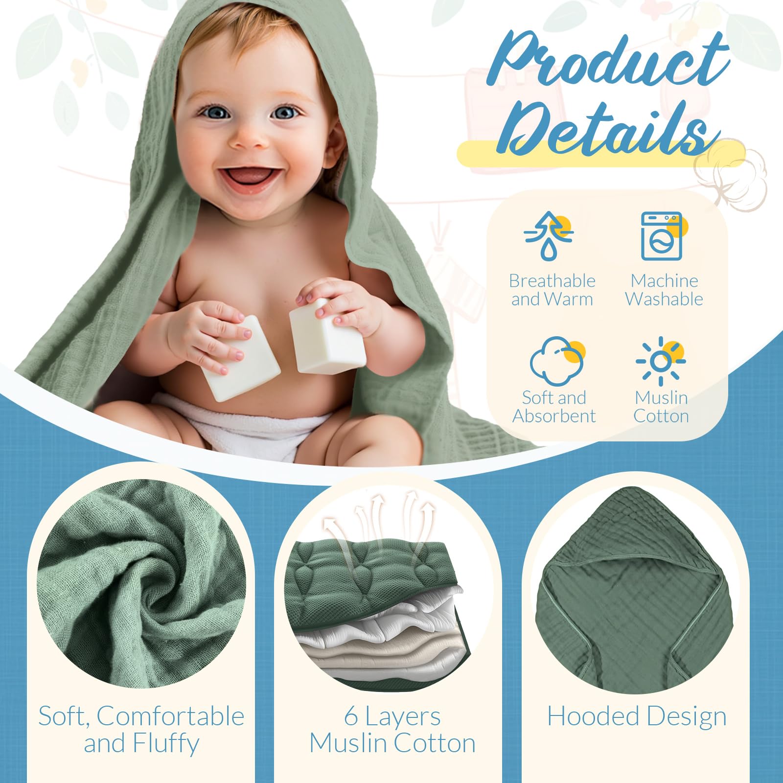 VitalCozy baby hooded towel green 32x32 inches for soft skin and secure wrap