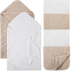 VitalCozy baby muslin hooded towel white, soft absorbency for newborn bath time.