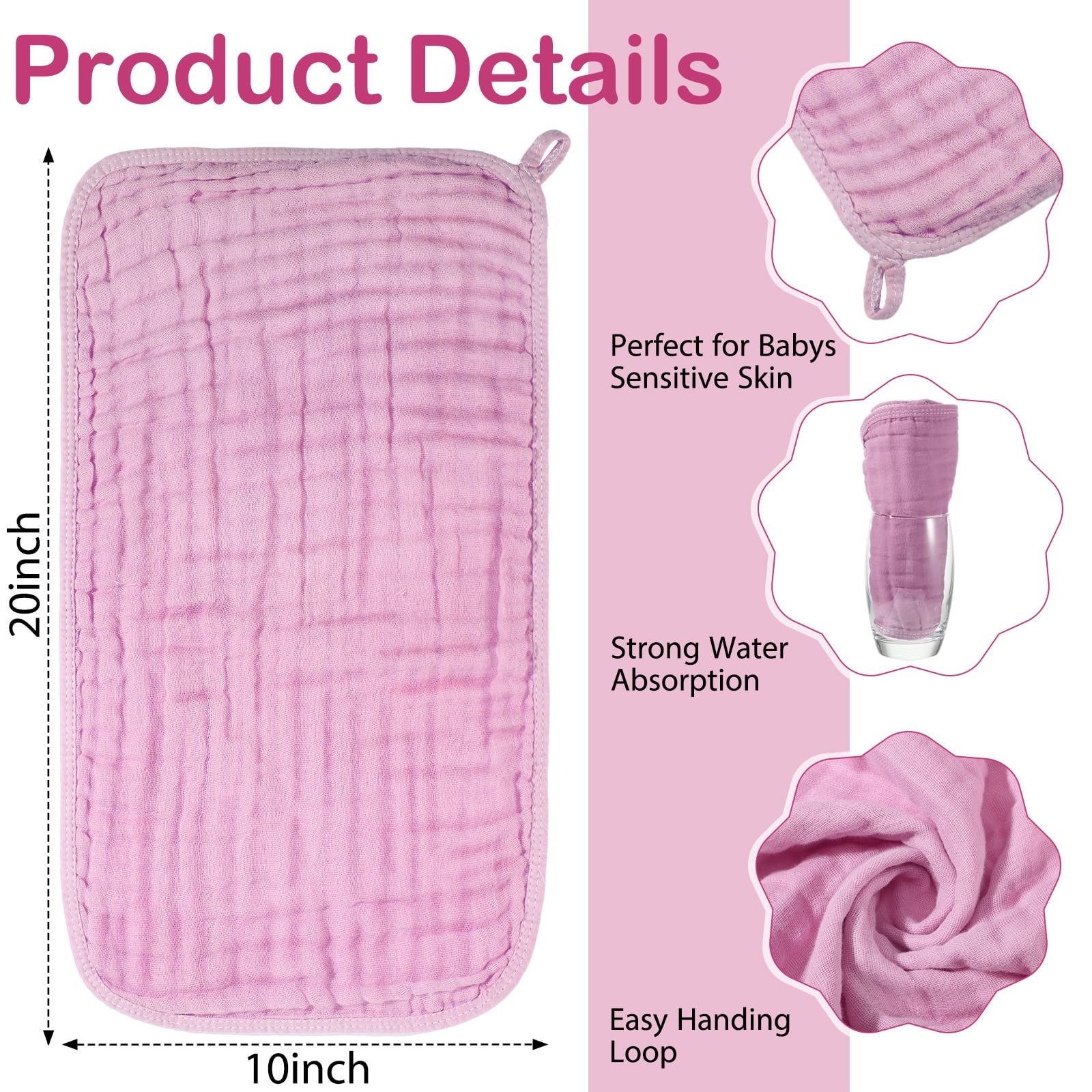 VitalCozy baby washcloths rose red close-up showing ultra-soft muslin fibers