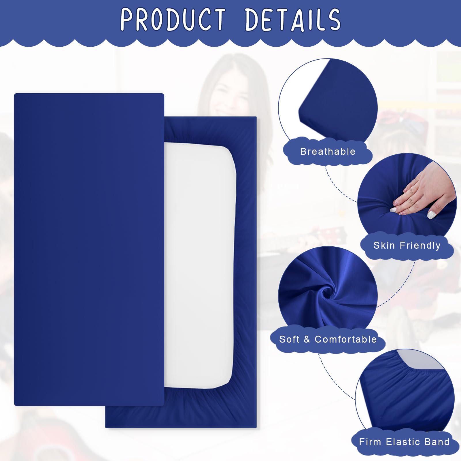 VitalCozy dark blue sheets fitted on a crib mattress showing snug, wrinkle-resistant fit