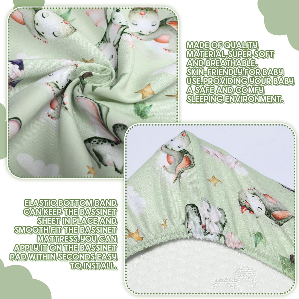 VitalCozy dragon bassinet sheet on bassinet demonstrates secure elastic fit