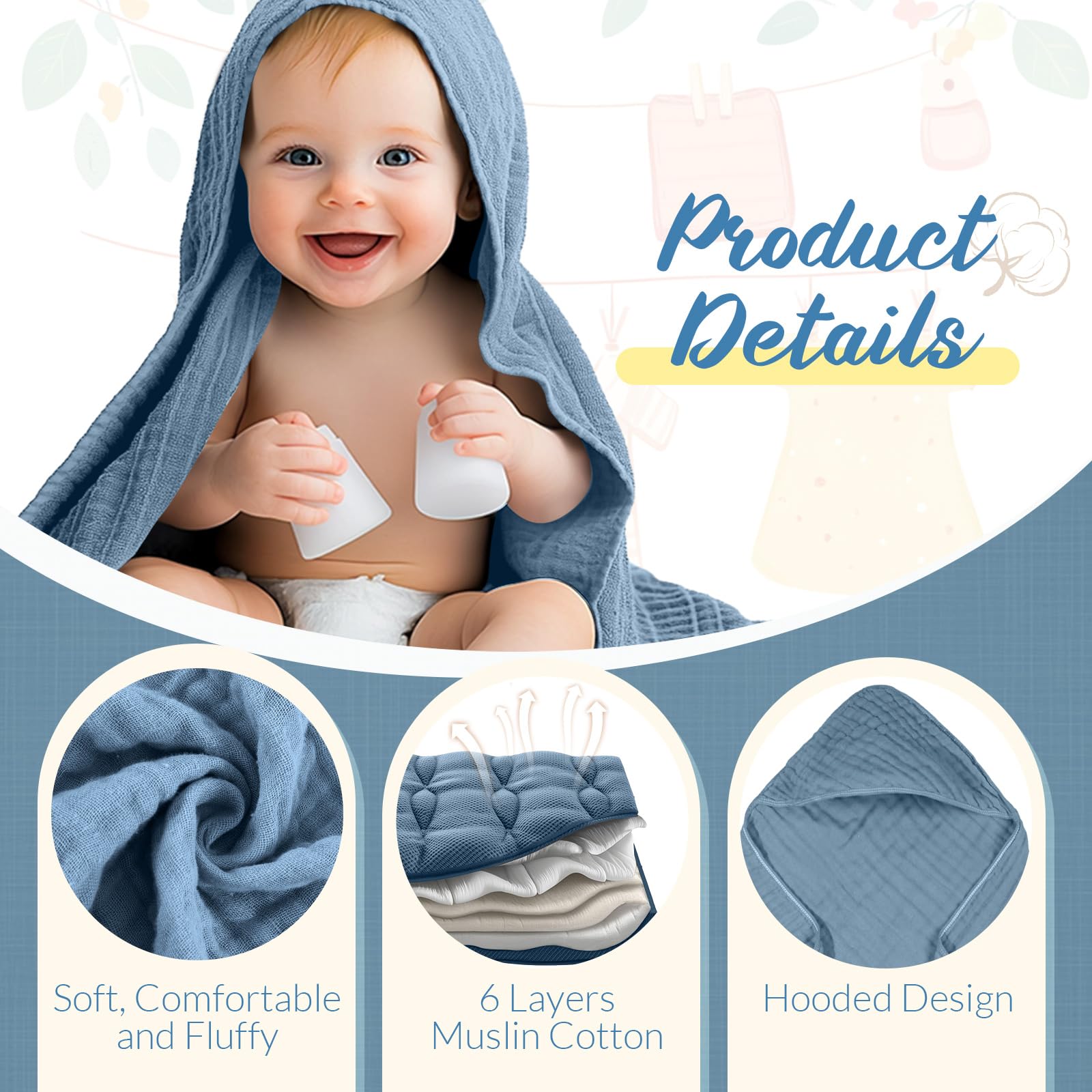 VitalCozy muslin 6-layer absorbent towels closeup enhances quick drying.