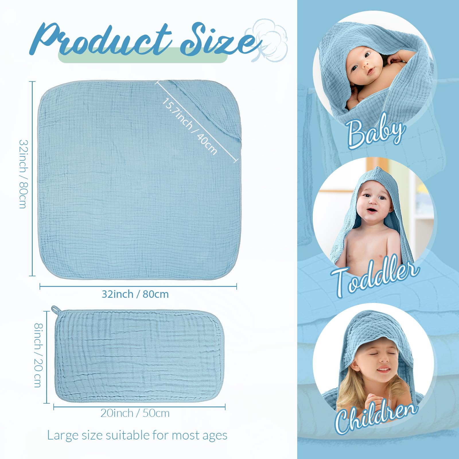 VitalCozy muslin washcloths blue 8x20 inches ideal for gentle cleansing and quick drying