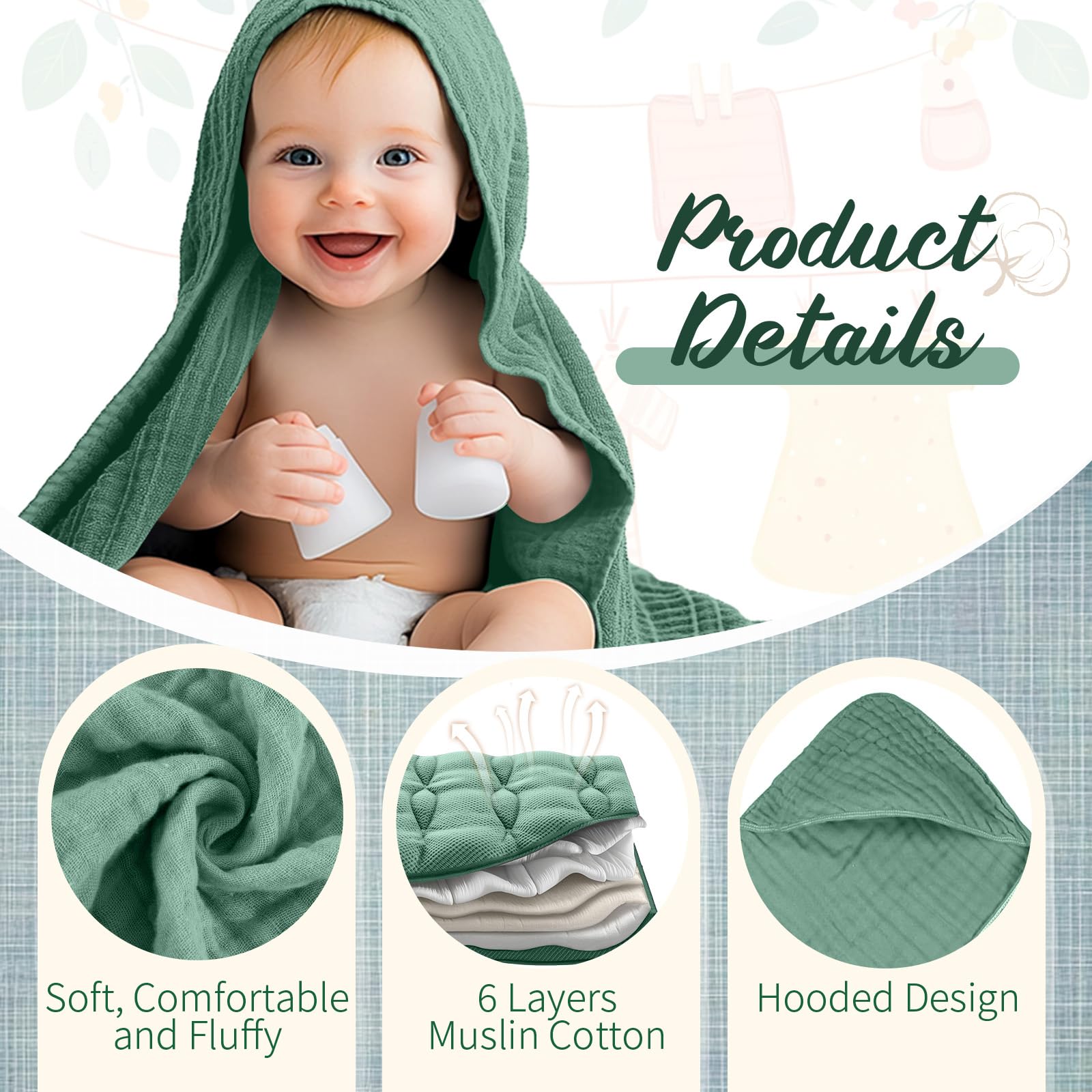 VitalCozy muslin cotton towels highlight high absorbency for fast moisture pickup
