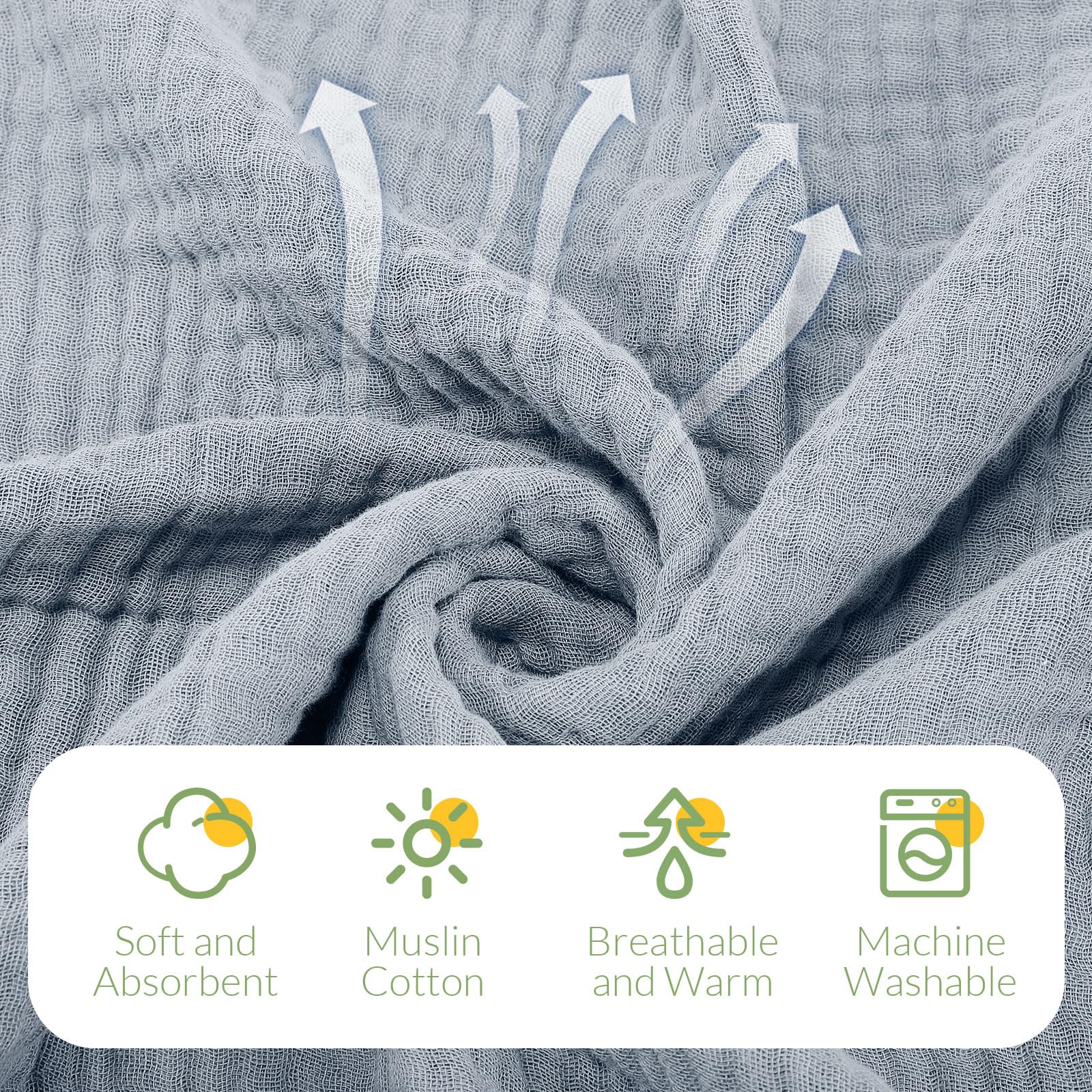 VitalCozy close-up shows six-layer muslin cotton for high absorbency and cozy daily use.