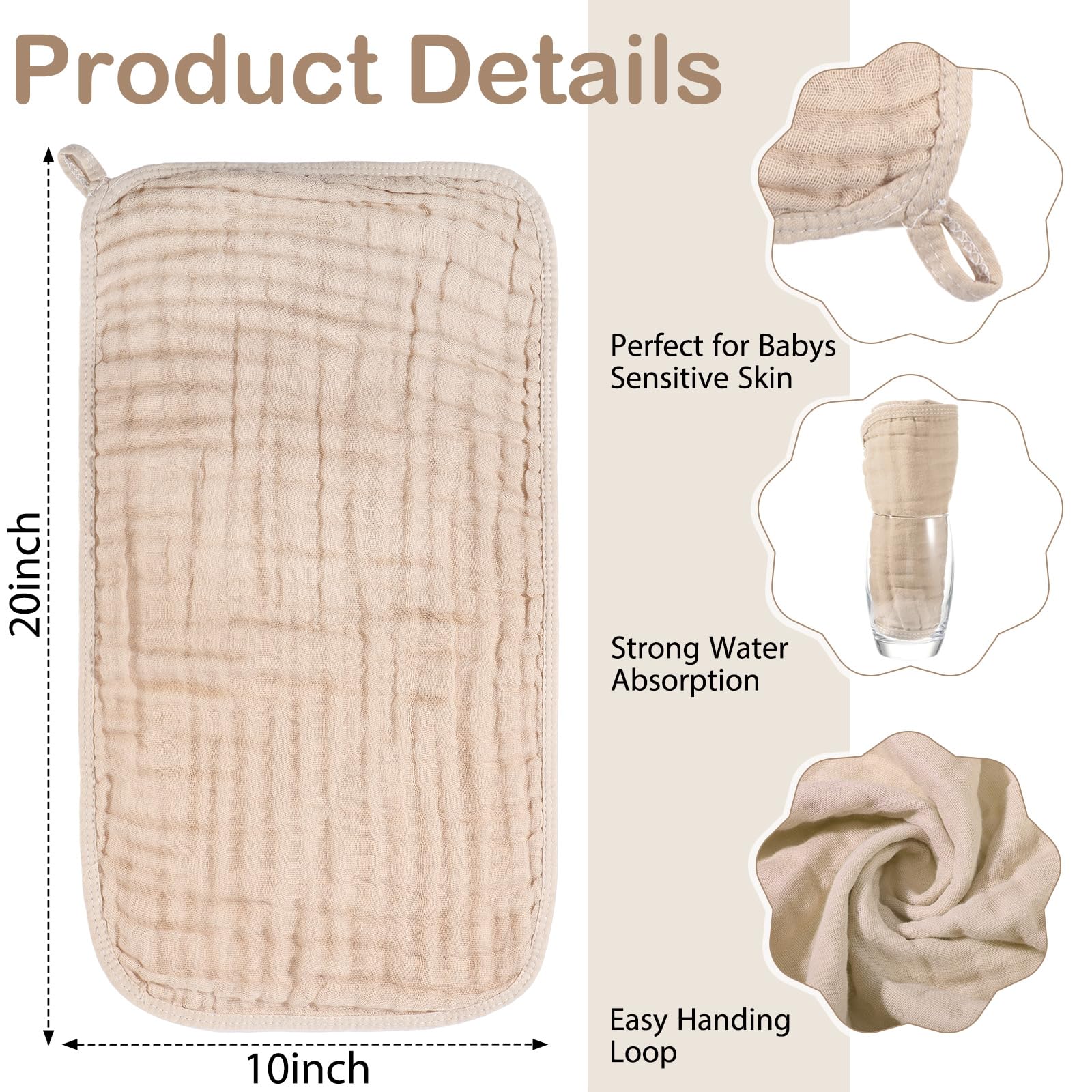 VitalCozy muslin washcloth 8x20 white, gentle cleansing for delicate skin.