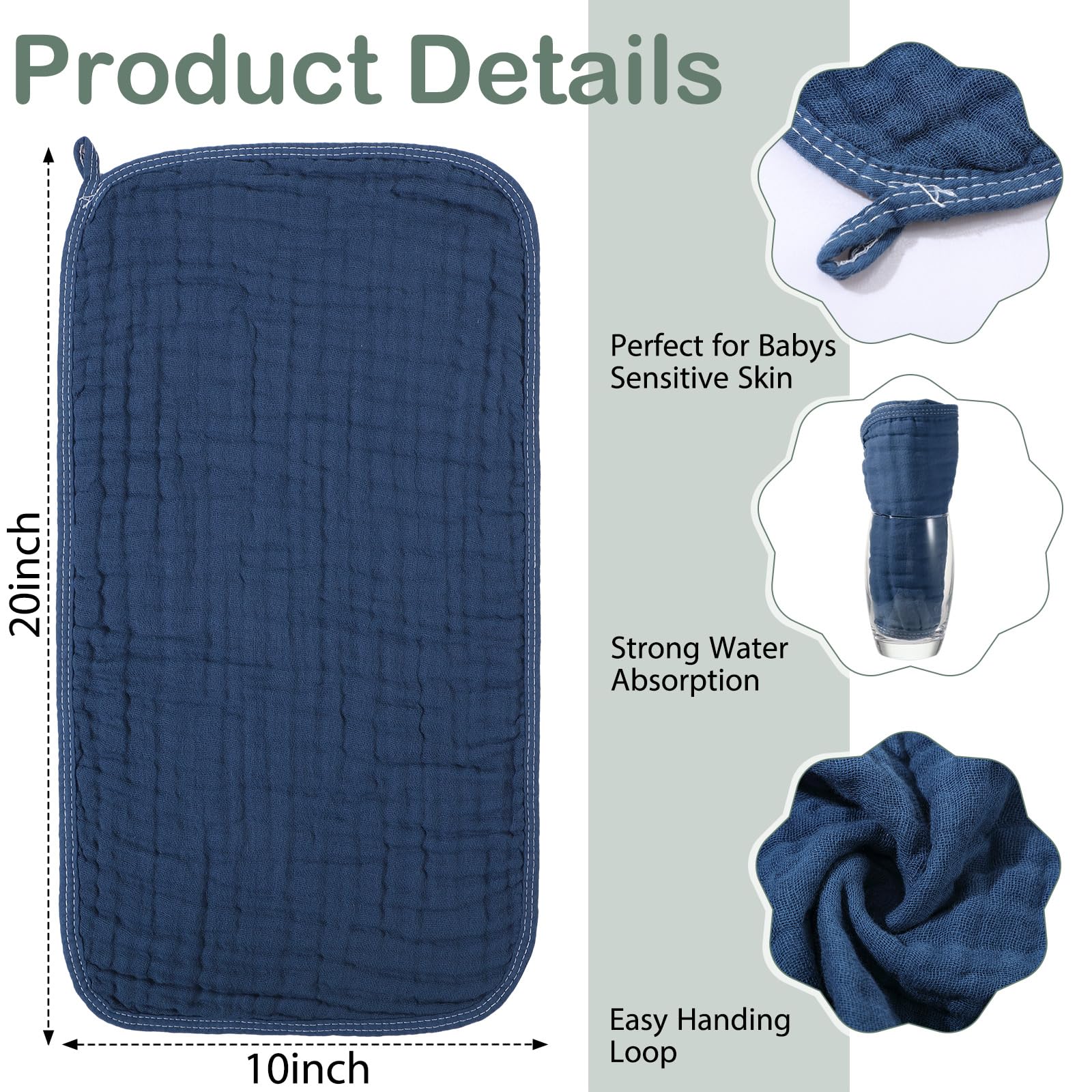 VitalCozy green muslin washcloth 8x20 for gentle drying