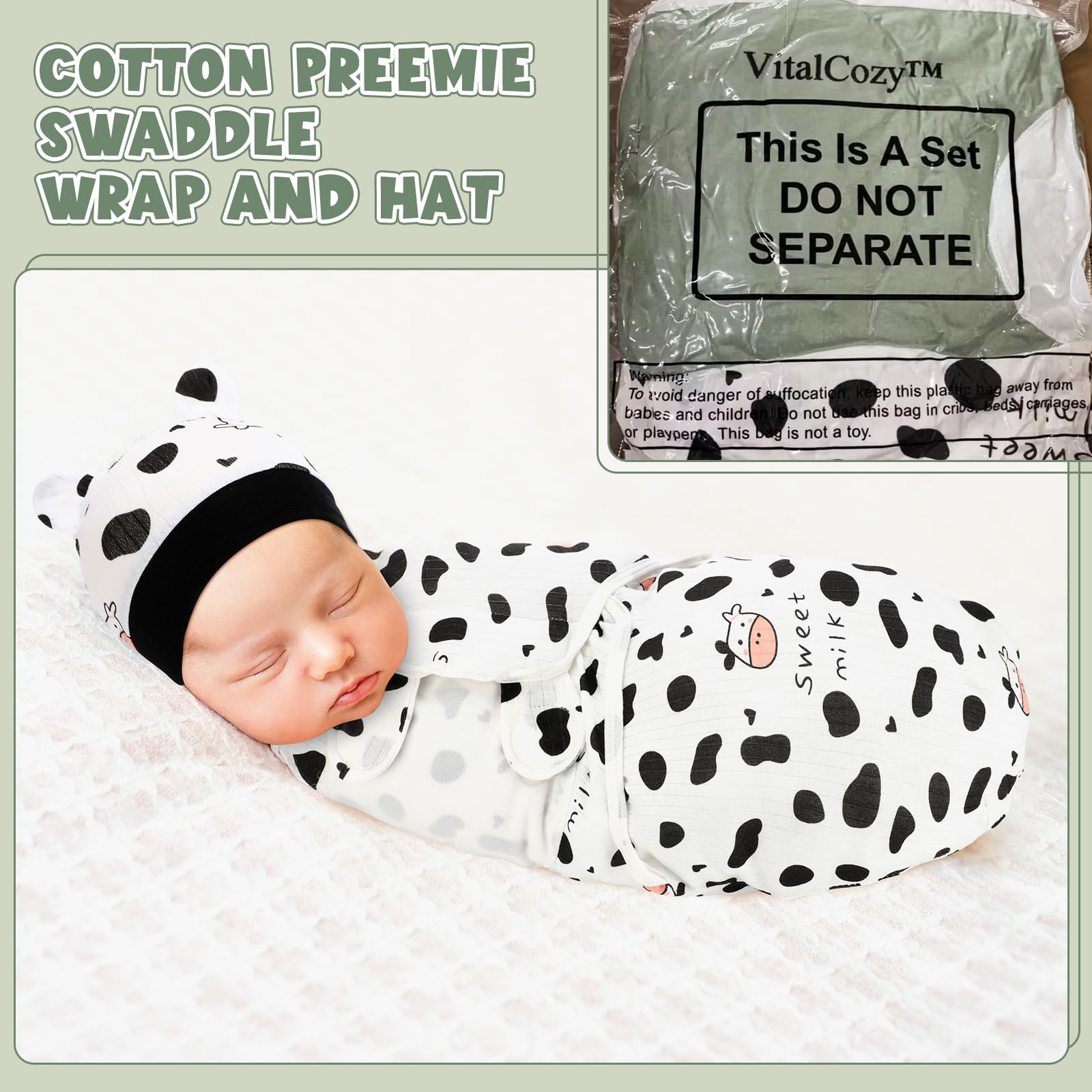 VitalCozy preemie swaddle green pattern shot emphasizes soft cotton feel